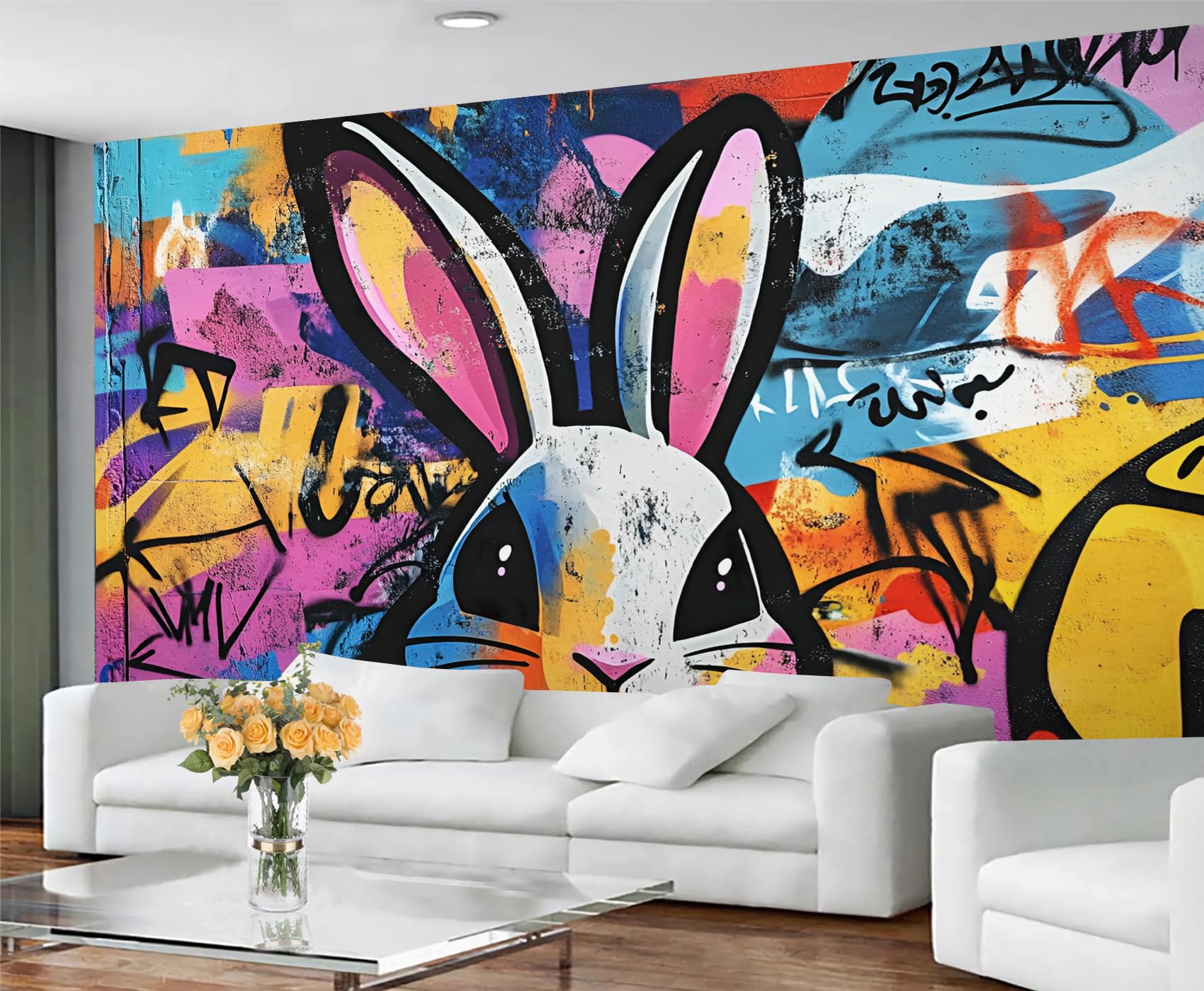 GIVLWF Street Art Graffiti Wallpaper, Rabbit Graffiti Peel and Stick Wallpaper for Living Room, Hippie Wall Murals for Bedroom, Abstract Large Mural & Boys Room Decor, Painting Wall Paper