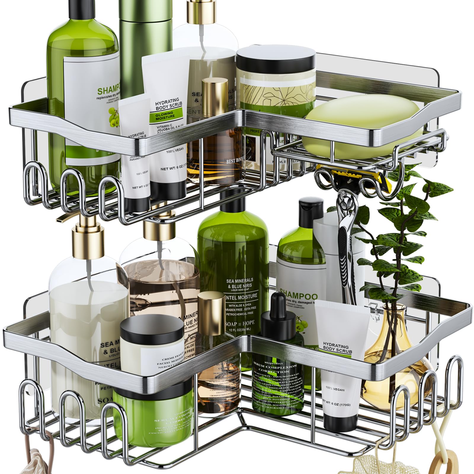 HapiRm Corner Shower Caddy Silver - Shower Caddy Corner Shelves with 11 Hooks, Shower Organiser for Razor soap & shampoo, Bathroom & Kitchen Storage Bath Accessories Stainless Steel, 6 Sticker, 2 pcs