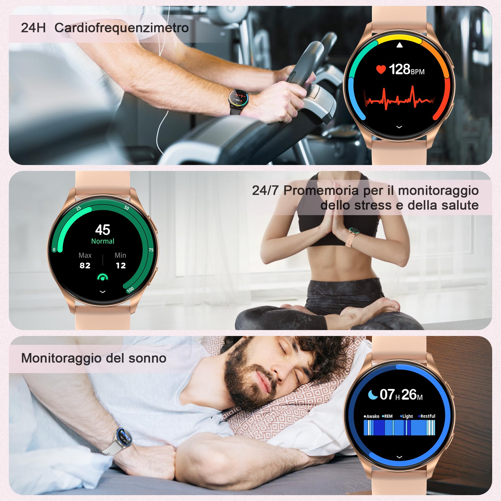 Orologio smartwatch Uomo Donna (Rispondere/Fare Chiamate) ，1.43” Schermo HD AMOLED, 24H Sonno Cardiofrequenzimetro, IP68 Impermeabilecon 130+ Modalità Sportive smart watch per Android IOS