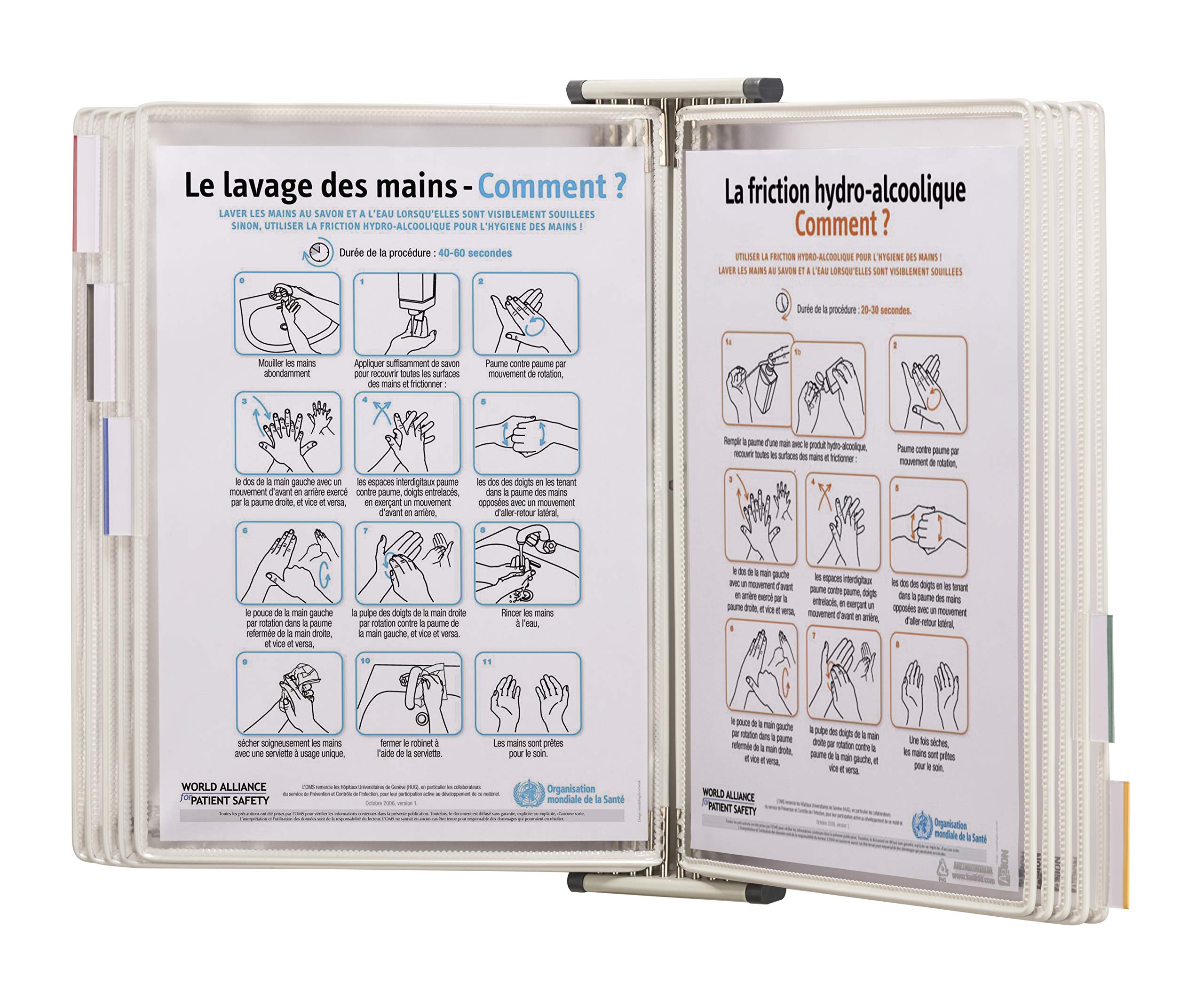 Djois, 414502 - Expositor de Pared A4 con 10 Fundas Antimicrobianas con Pivotes Metálicos - PVC con Iones de Plata, Sistema Tarifold para Hospitales, Laboratorios, Cocina y Recepción - Blanco