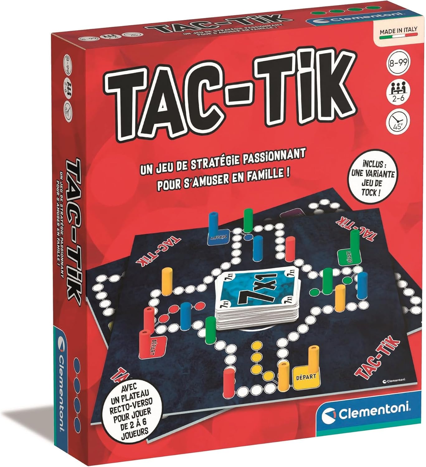 Clementoni - TIK-Tak - Jeu de Société et de Stratégie Passionnant Pour s'Amuser en Famille - Plateau Recto-Verso - À partir de 8 Ans - 2 à 6 Joueurs - Français - 52693