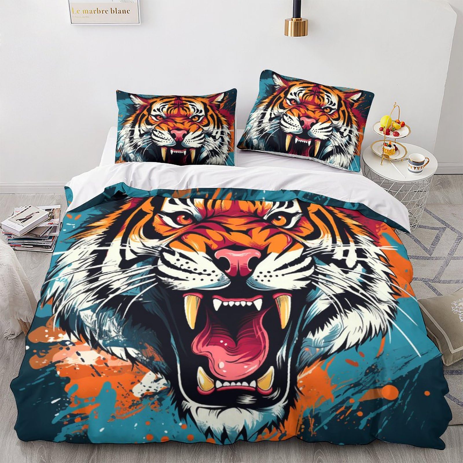 Housse de couette 200x200cm tigre imprimé 3D avec 2 taies d'oreiller