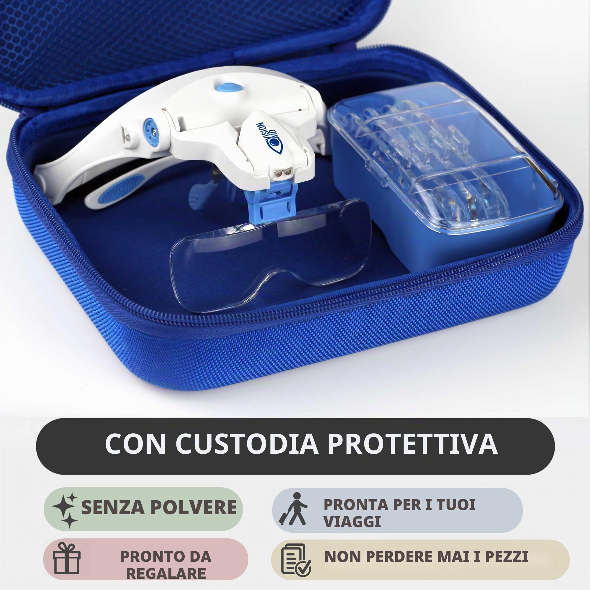 VISION AID Lenti d'Ingrandimento con Luce LED 5 Lenti Archetto Custodia Lente d'ingrandimento illuminata a mani libere per artigianato hobby Ricamo Pittura Miniatura Modellismo lavori di precisione