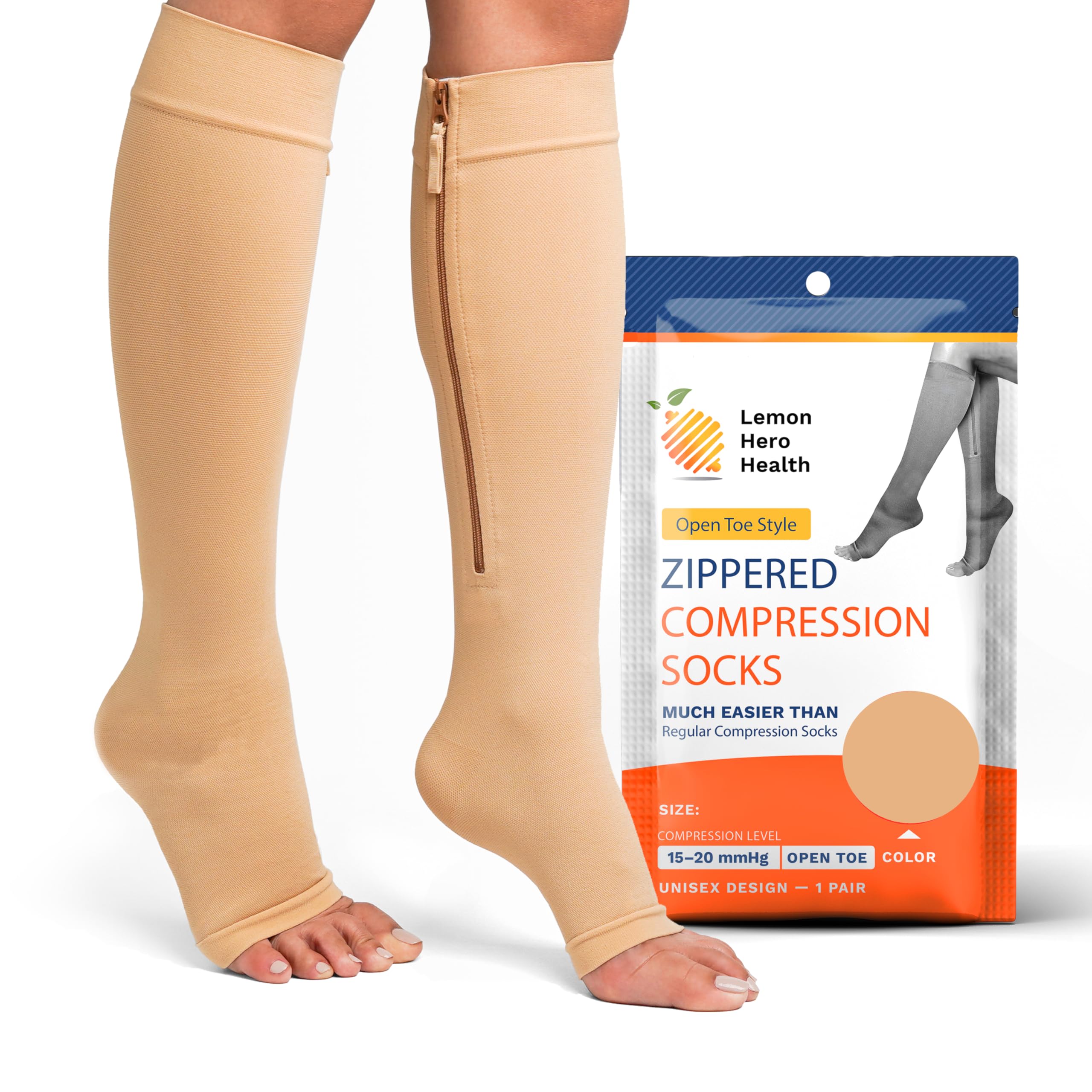 Lemon Hero Short Zipper Compression Socks for Women and Men Open Toe 15-20 mmhg Medical ZipperedOEKO-TEX STANDARD 100