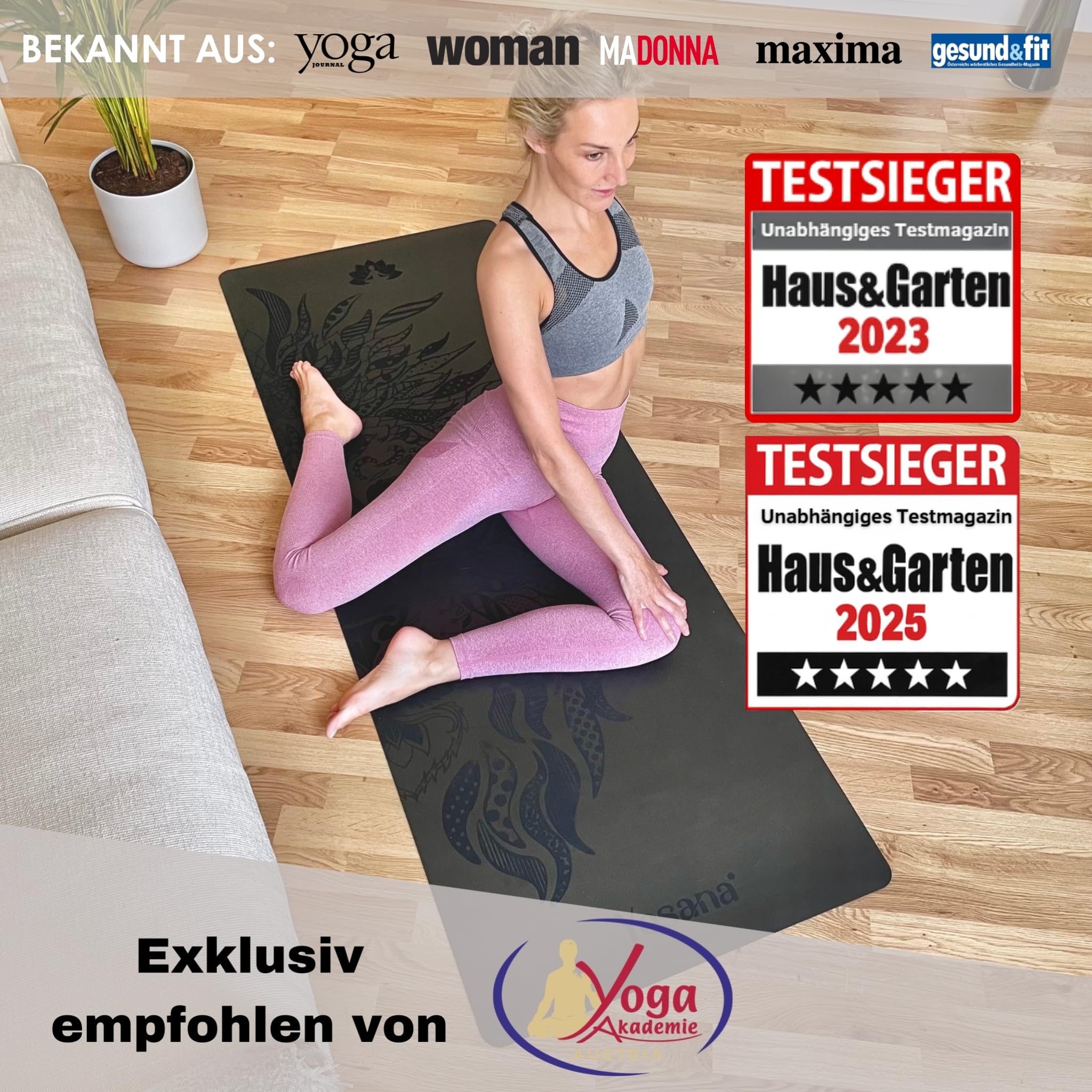 Yosana Yogamatte aus Naturkautschuk | extrem rutschfest | ULTRA GRIP Oberfläche aus ECO PU | extra breit 68cm | inklusive Tragegurt | Yoga matte 183x68cm | 4mm dünn