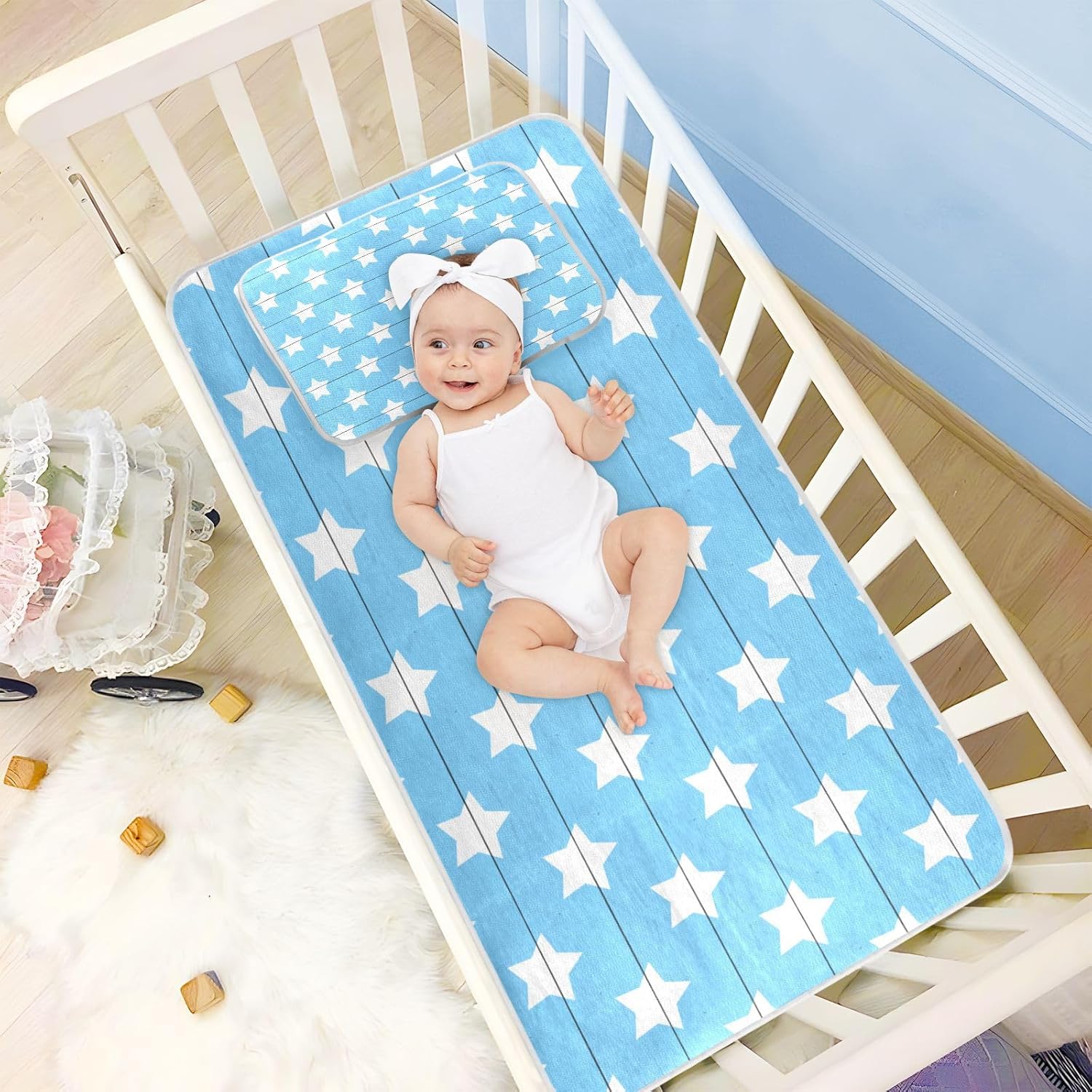 Seamless Blue Aesthetics Stars Blue Cooling Baby Mattress Cover 28" x 52" Breathable Bed Pads for Kids for Baby&Toddler