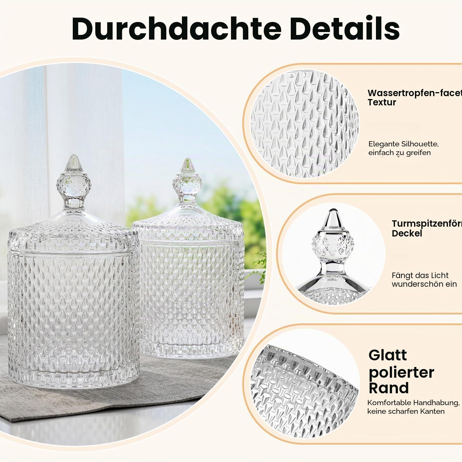 Hejo 2er Set Süßigkeiten Glas – 600ml Bonbonglas im Retro-Look mit Turmspitzendeckel & Wassertropfen-Muster, Dekoratives Bonbonglas mit Deckel für Candy, Kekse, Deko & Aufbewahrung