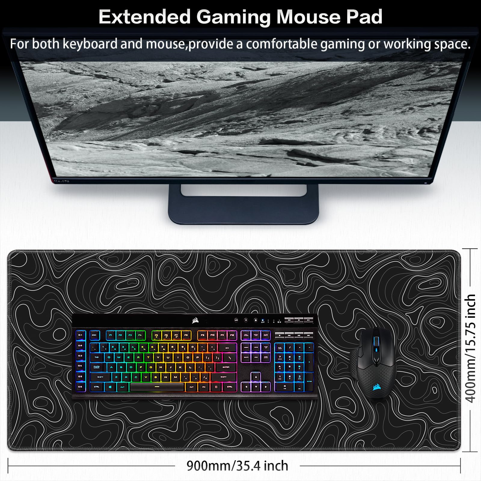 Canjoy - Alfombrilla de mouse para juegos, contorno topográfico, 35.4 x 15.7 pulgadas, grande, extendida, para computadora, teclado de escritorio completo, alfombrilla de mouse para juegos, oficina,
