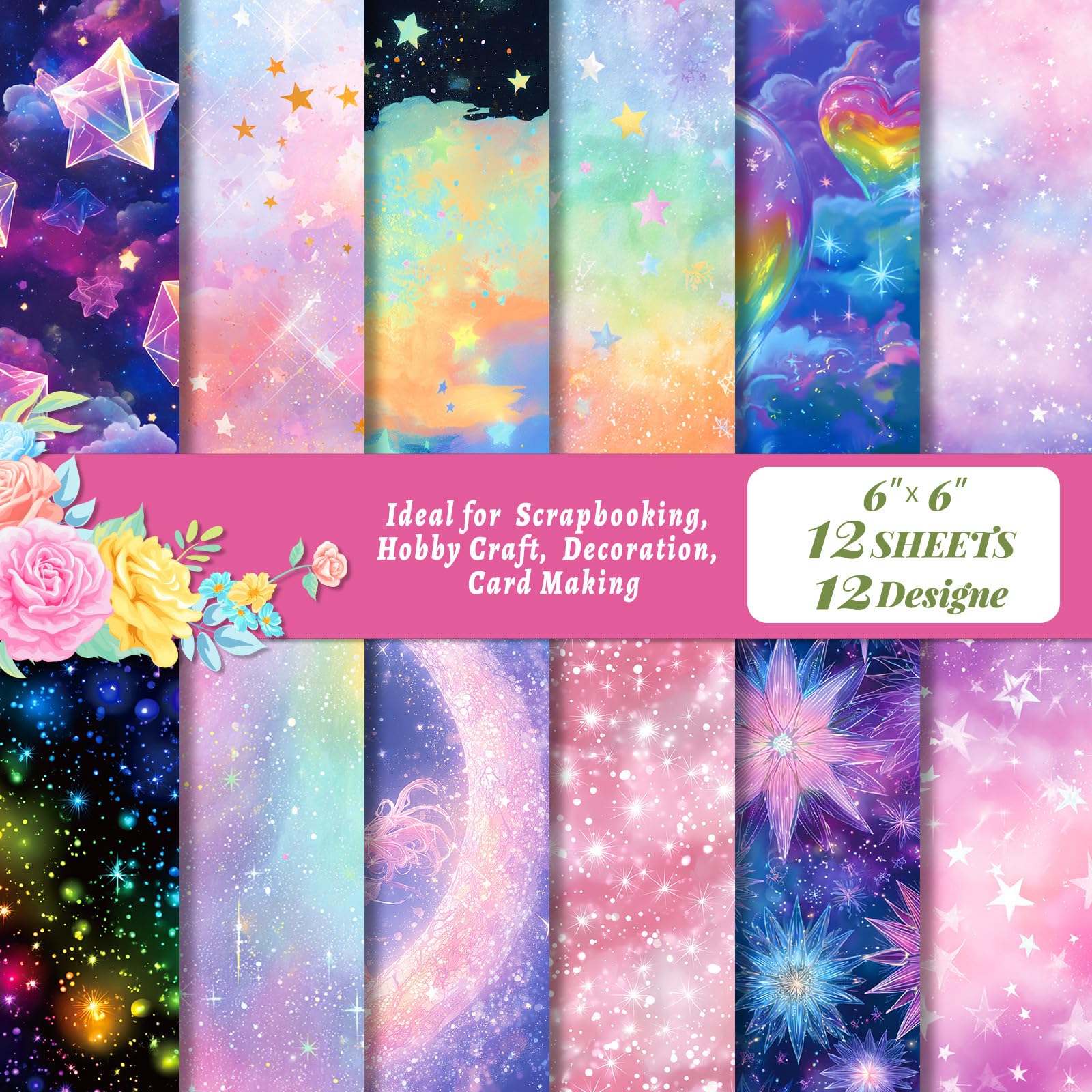 24 Sheets Scrapbook Paper 6x6 Inch, Leaf & Floral Textured Cardstock, DIY Card Making, Photo Albums, Journaling, Acid & Lignin Free Decorative Craft Paper Pad (Star B) â image 1