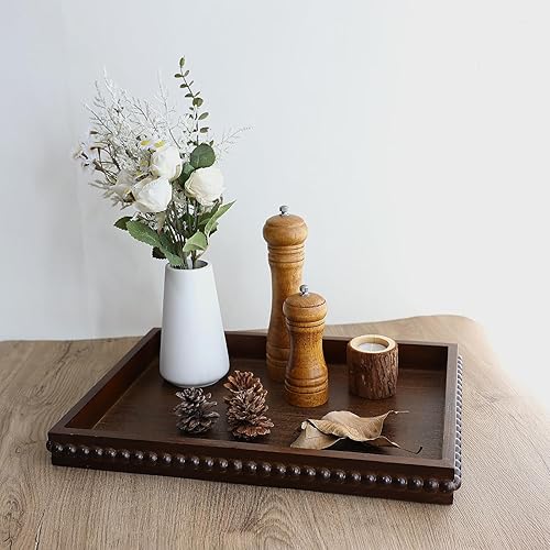 Miniatura 7 de Bandeja decorativa de madera, bandeja de servir al aire libre envejecida con cuentas de madera para otomana, mesa de café, entretenimiento,
