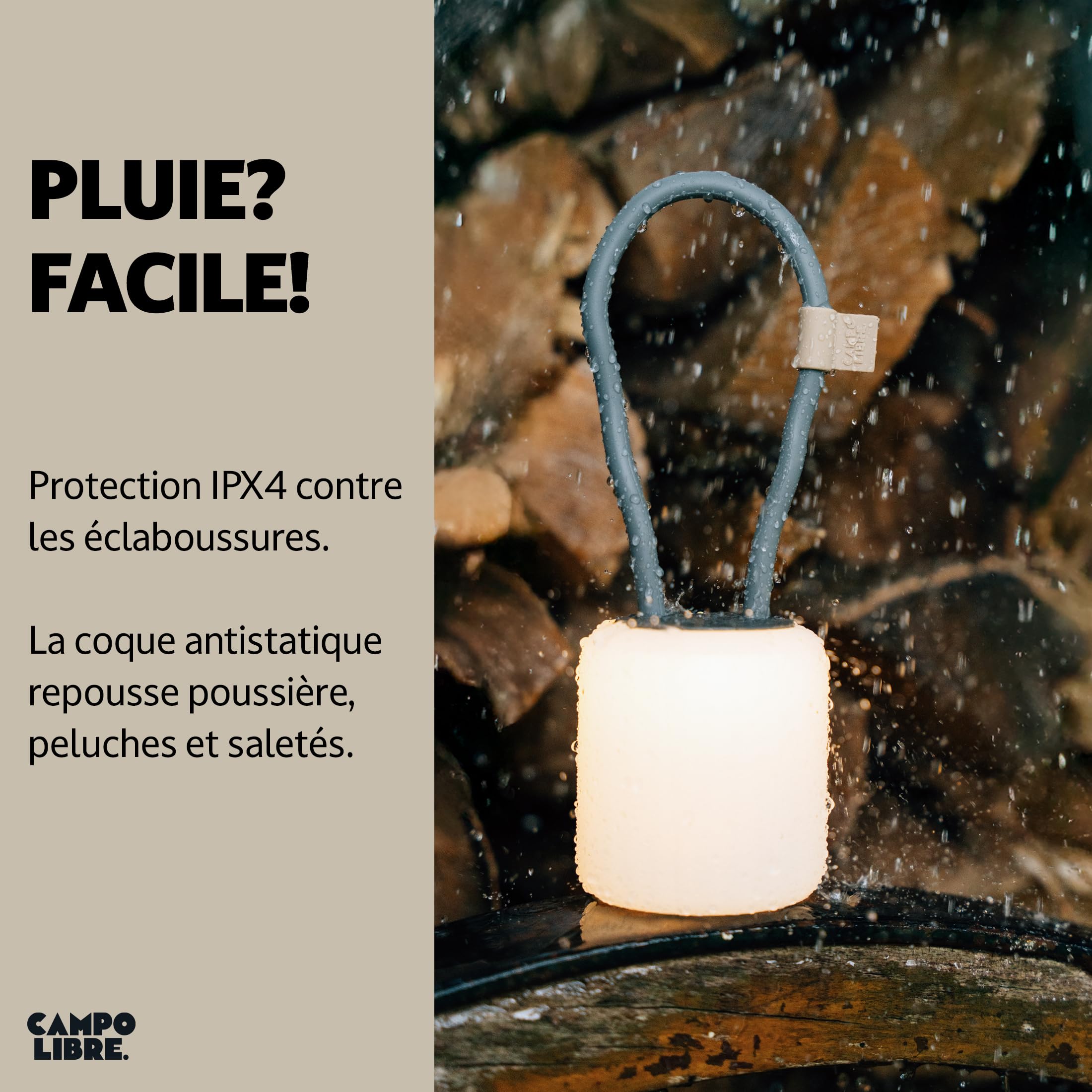 Campo Libre.® LENI Lampe de Camping – Lumiere Exterieure avec Poignée Flexible, Lampe LED Dimmable, Lanterne IPX4, 200 h d’Autonomie, Coque SqueezeShell Incassable, Recharge USB-C, Rectangle, Gris