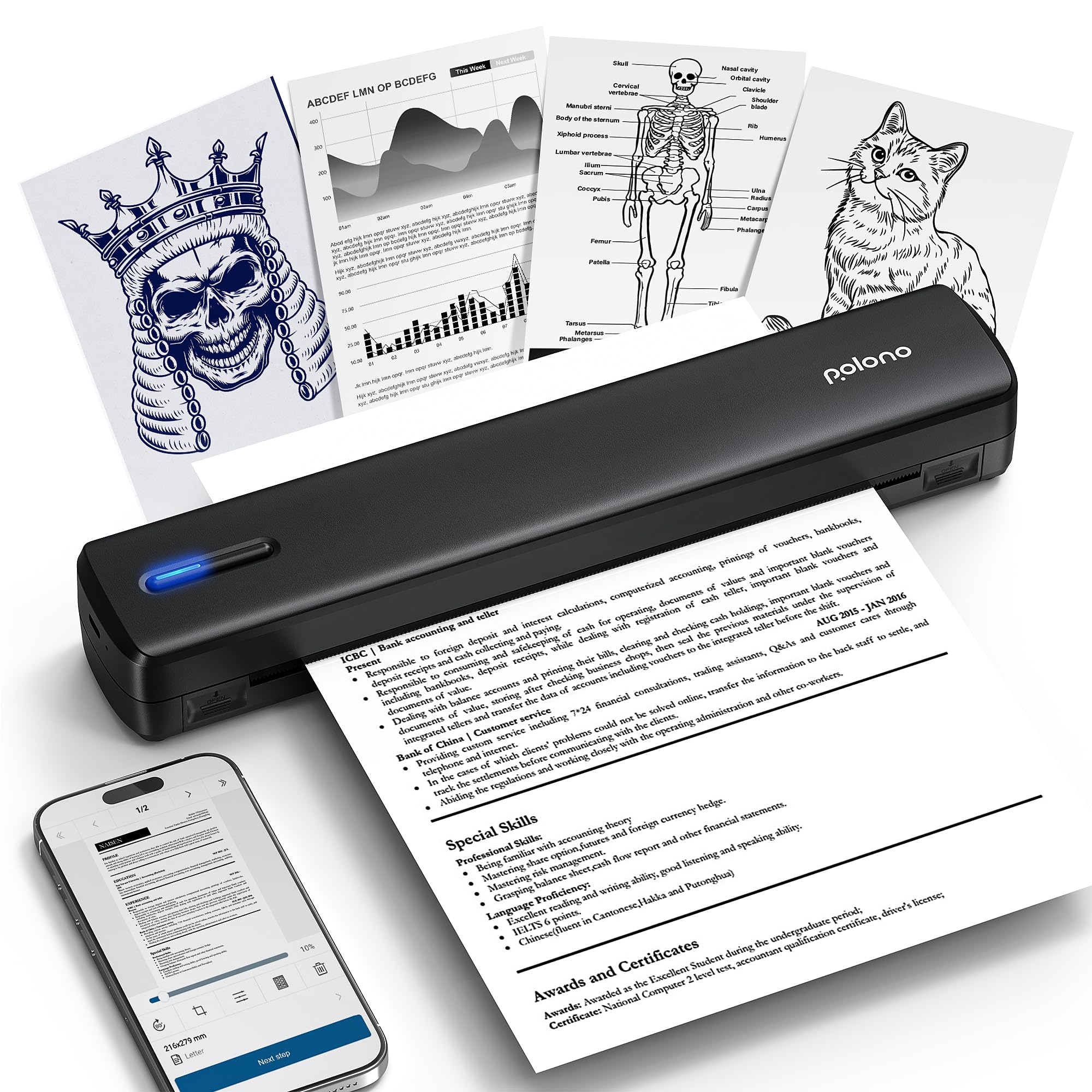 POLONO Imprimante thermique A4 sans fil portable pour voyage, compatible iOS Android ordinateur