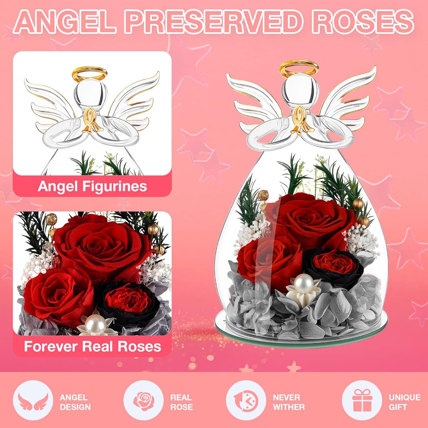 Gifts for Mom Women Preserved Flowers Gifts for Her, Forever Flower in Glass Angel Figurines Fresh Flowers for Delivery Mothers Day Anniversary Rose for Grandma Girlfriend Wife - Image 4