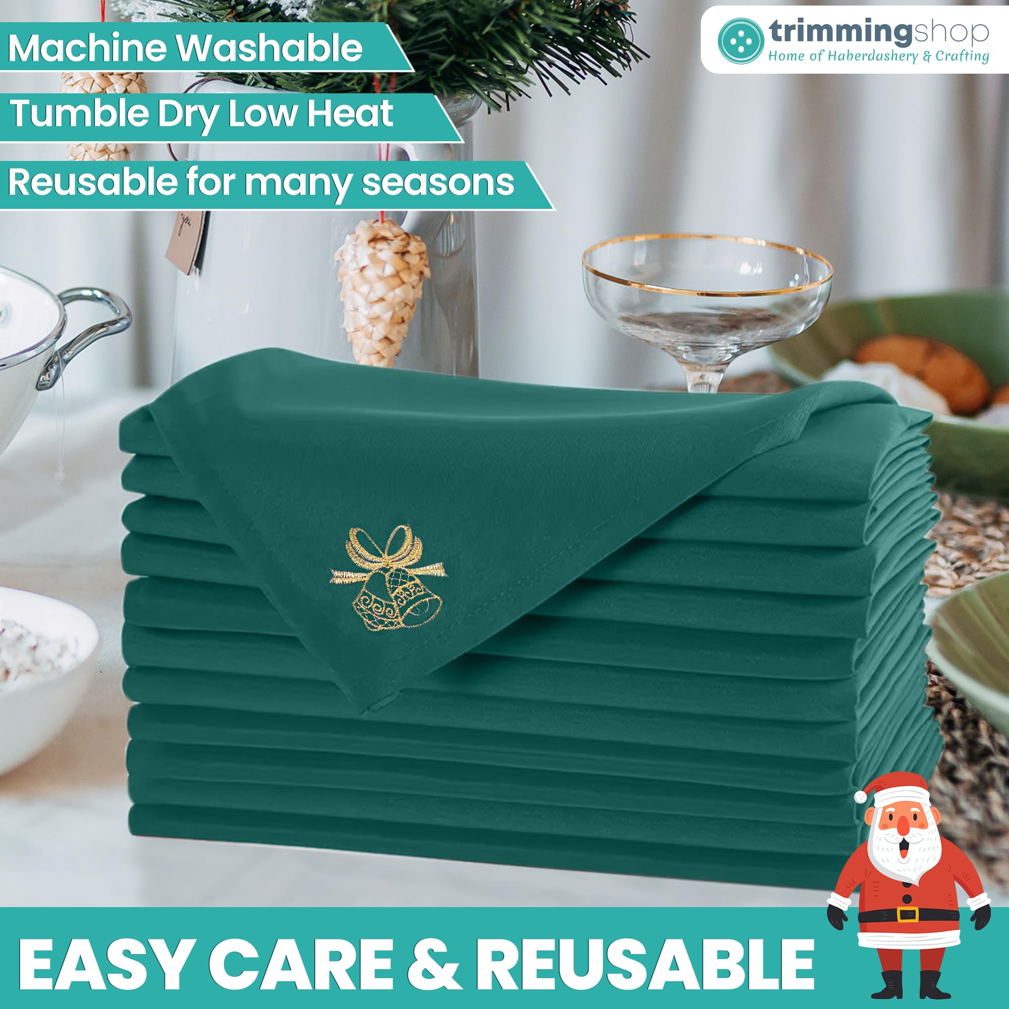 Trimming Shop Lot de 20 serviettes de table de Noël vertes avec broderie festive en polyester filé, 50,8 x 50,8 cm, résistantes aux taches, réutilisables, pour décoration de vacances et fêtes