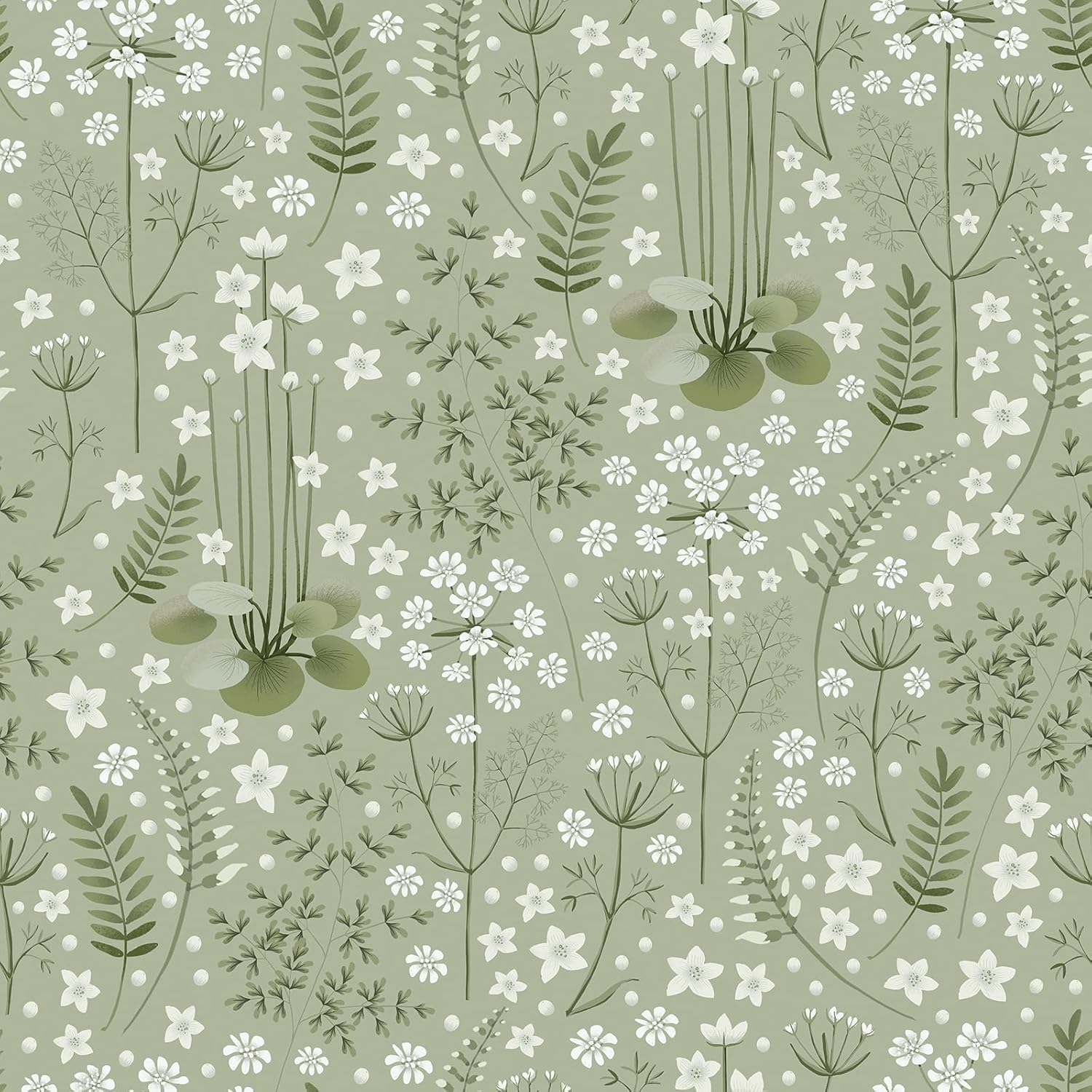 FunStick 17.5"x354" Sage Green Floral Wallpaper Peel and Stick Nature Leaves White Wildflower Botanical Wallpaper for Bedroom Wall Paper Removable Green Floral Contact Paper for Wall Decor Cabinets