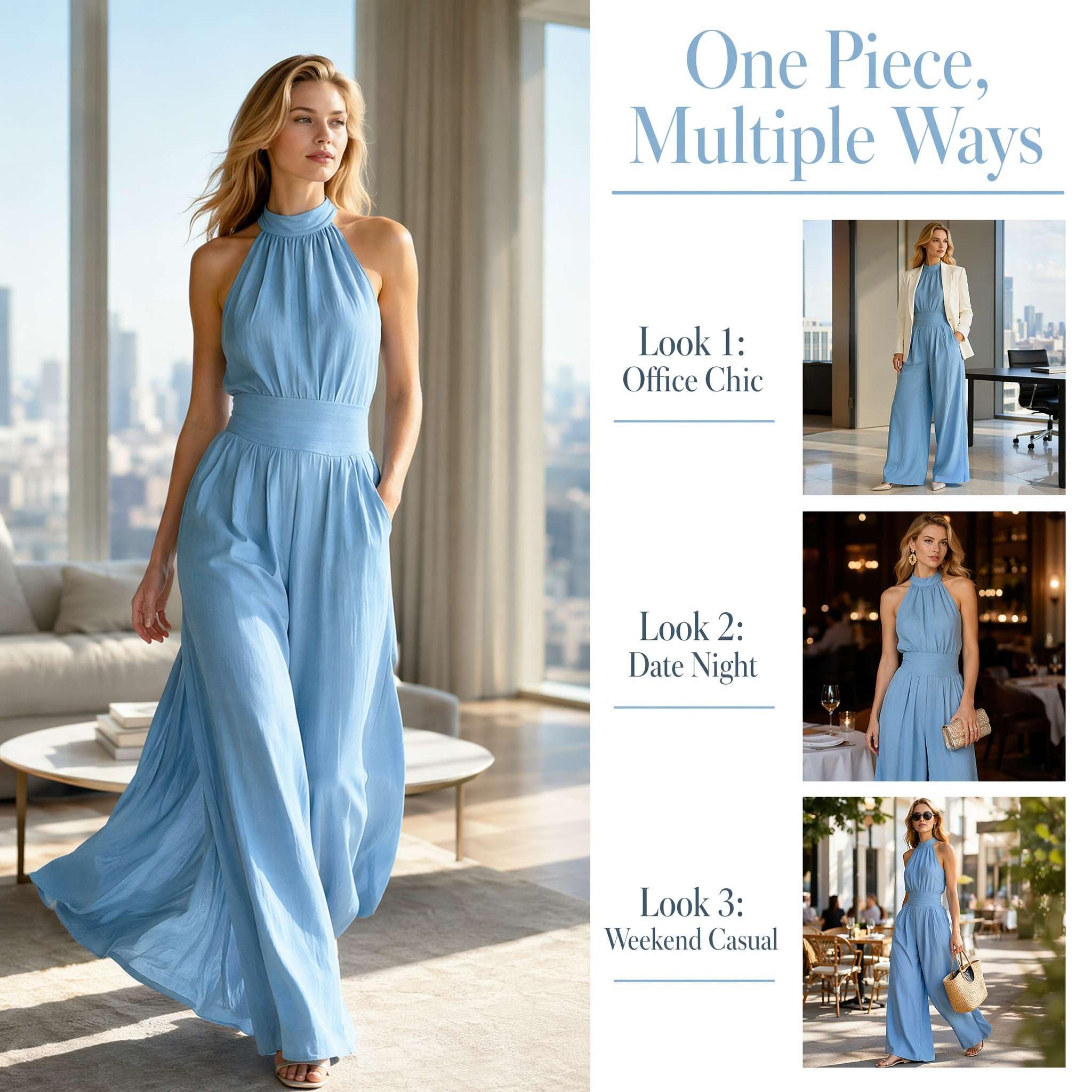 Générique Combinaison Pantalon Femme Chic Sans Manches Col Montant, Taille Haute Plissée et Jambes Larges, Jumpsuit Élégant et Fluide pour Soirée ou Mariage