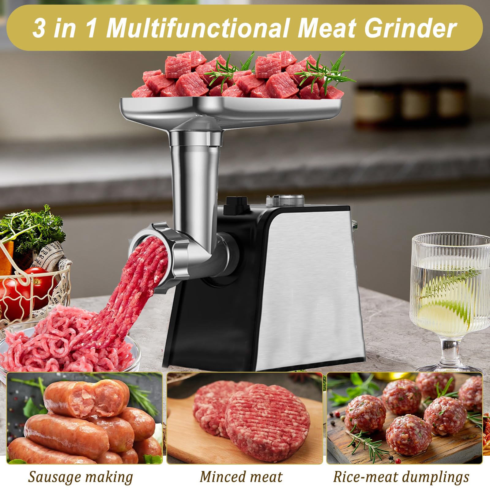 Picadora de carne eléctrica con relleno de salchicha, acero inoxidable 3 en 1, picadora de carne eléctrica y salchicha con 3 tubos de llenado de salchichas, 2 batidoras, 2 cuchillas de acero