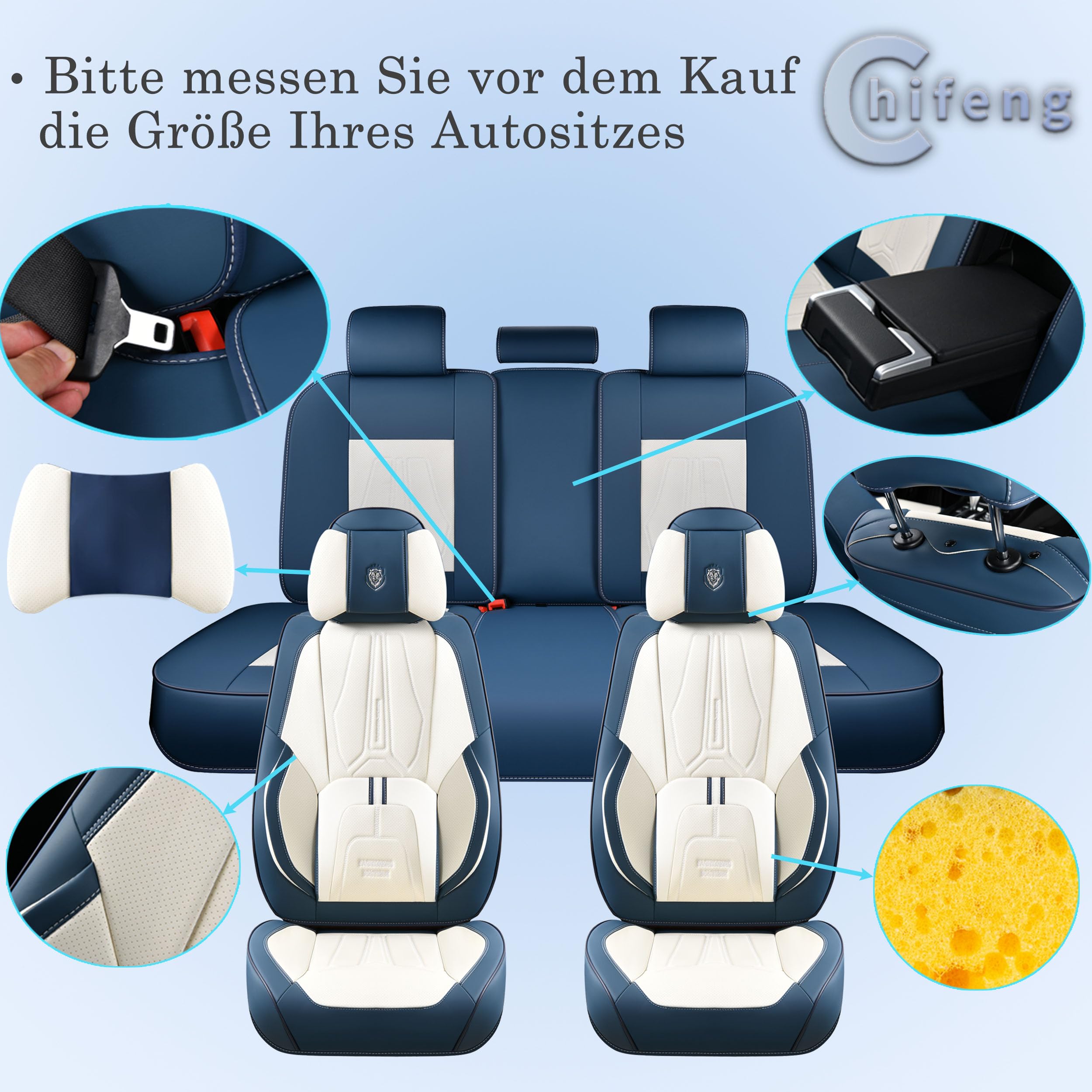 Copri sedili auto 5 posti - Universale per il 90% di berline/SUV/4x4 | Supporto lombare nascosto | Antiscivolo & Duraturo | Finta pelle di alta qualità (Blu-Bianco)