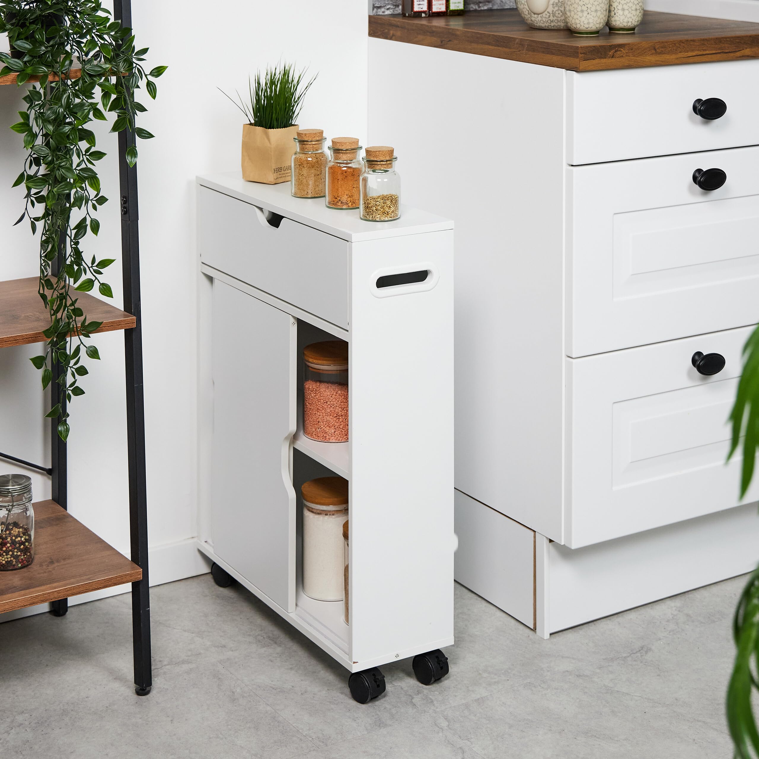 Relaxdays Carrello Stretto Per Cucina E Bagno - Salvaspazio Con Ante Scorrevoli, Bianco - Foto 9