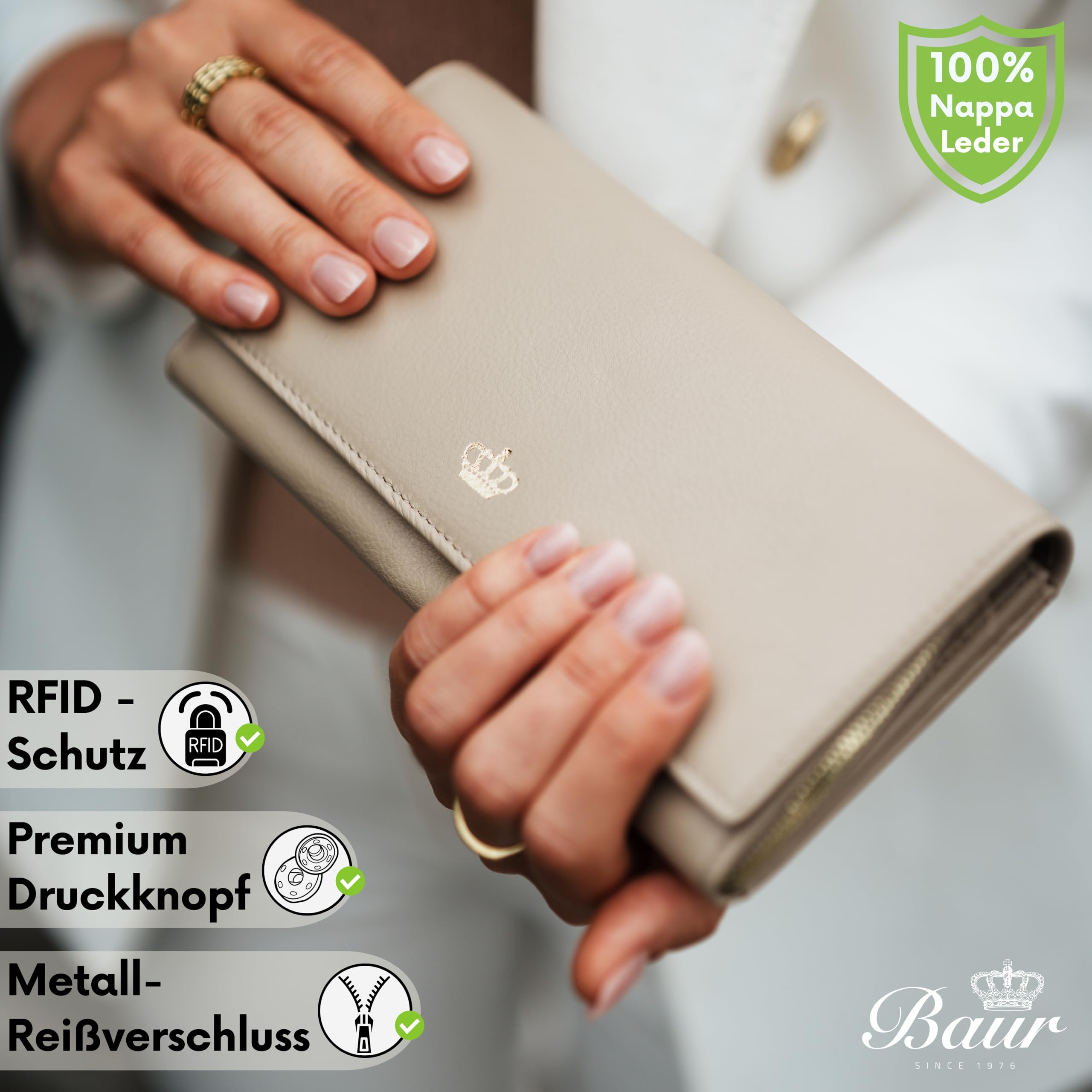 Baur damski portfel – prawdziwa skóra nappa z ochroną RFID – duży portfel z zatrzaskiem, 18 przegródek na karty i kieszonka na monety z metalowym zamkiem błyskawicznym – pełna skóra, kremowy, 19 x 10