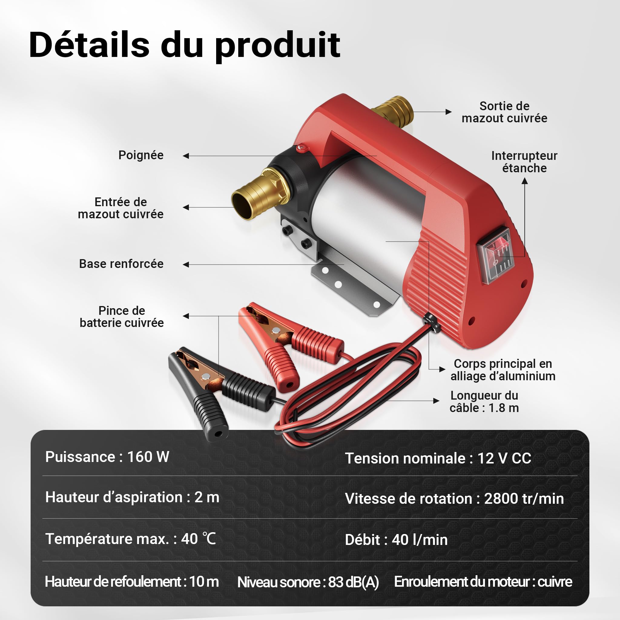 Wiltec Pompe d'aspiration à Fuel Diesel auto-amorçante – 12 V / 160 W / 40 l/min – avec Bornes de batterie – Pour gazole et huile de diesel, vidange transvasement