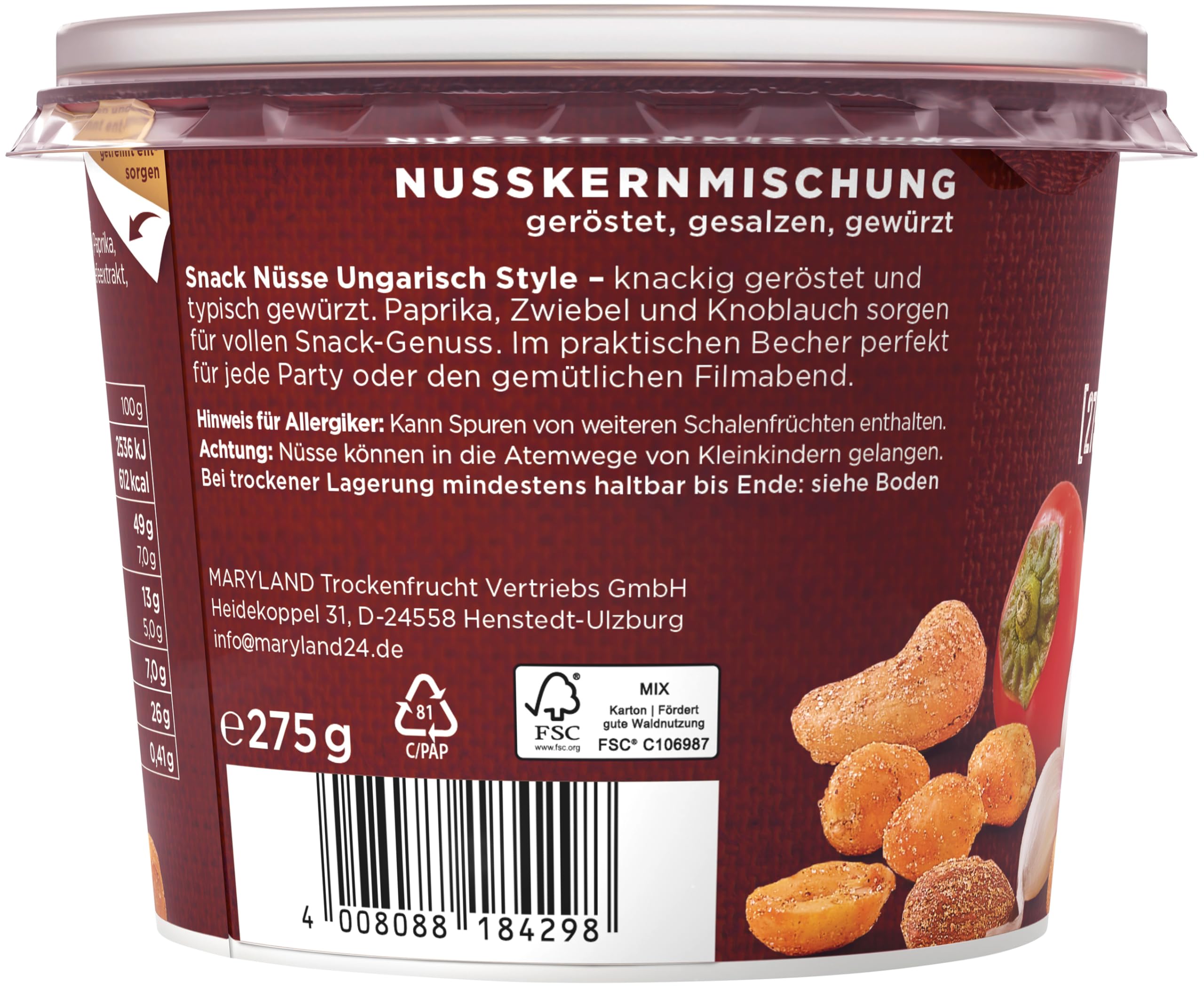 Maryland Snack Nüsse Ungarisch Style – Knackige Nüsse mit der typischen Würzung aus Paprika, Zwiebel und Knoblauch – Voller Snack-Genuss (1 x 275g)