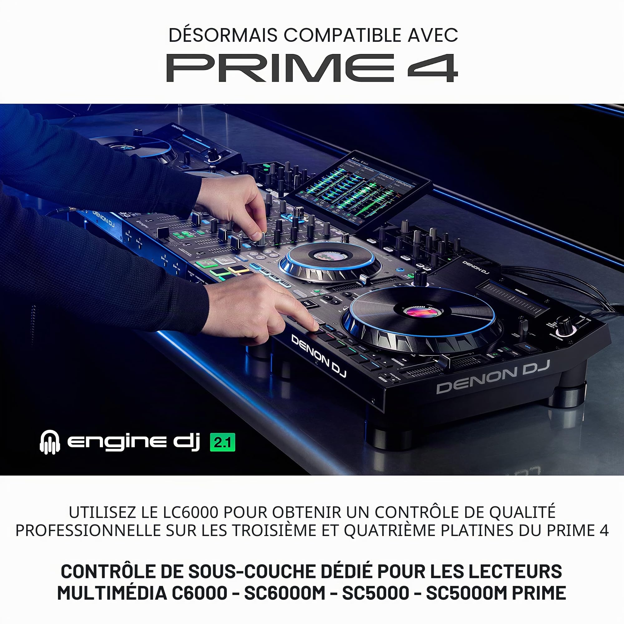 Denon DJ LC6000 – Contrôleur DJ USB pour moteur OS Media Player Sublayer Control pour Serato DJ, Virtual DJ et Algoriddim djay Pro AI