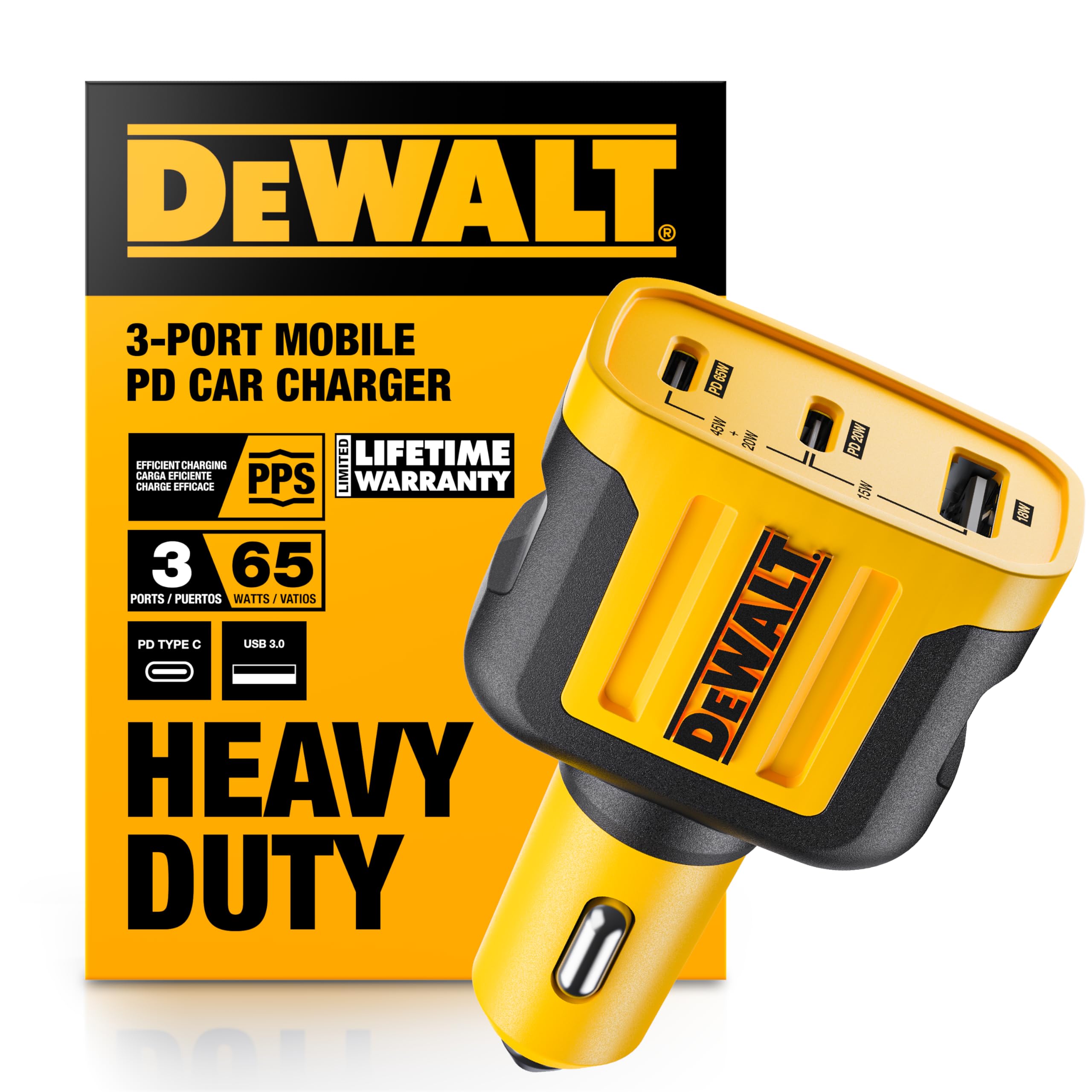 DEWALT 65W PD 3-Port Car Charger  USB-C PPS Fast Charging Adapter for Laptops, Phones & Tablets, Dual USB-C + USB-A Ports, 65W Total Output for Efficient Type C + USB Multi-Device Charging On The Go 3-Ports-2 USB C+USB A