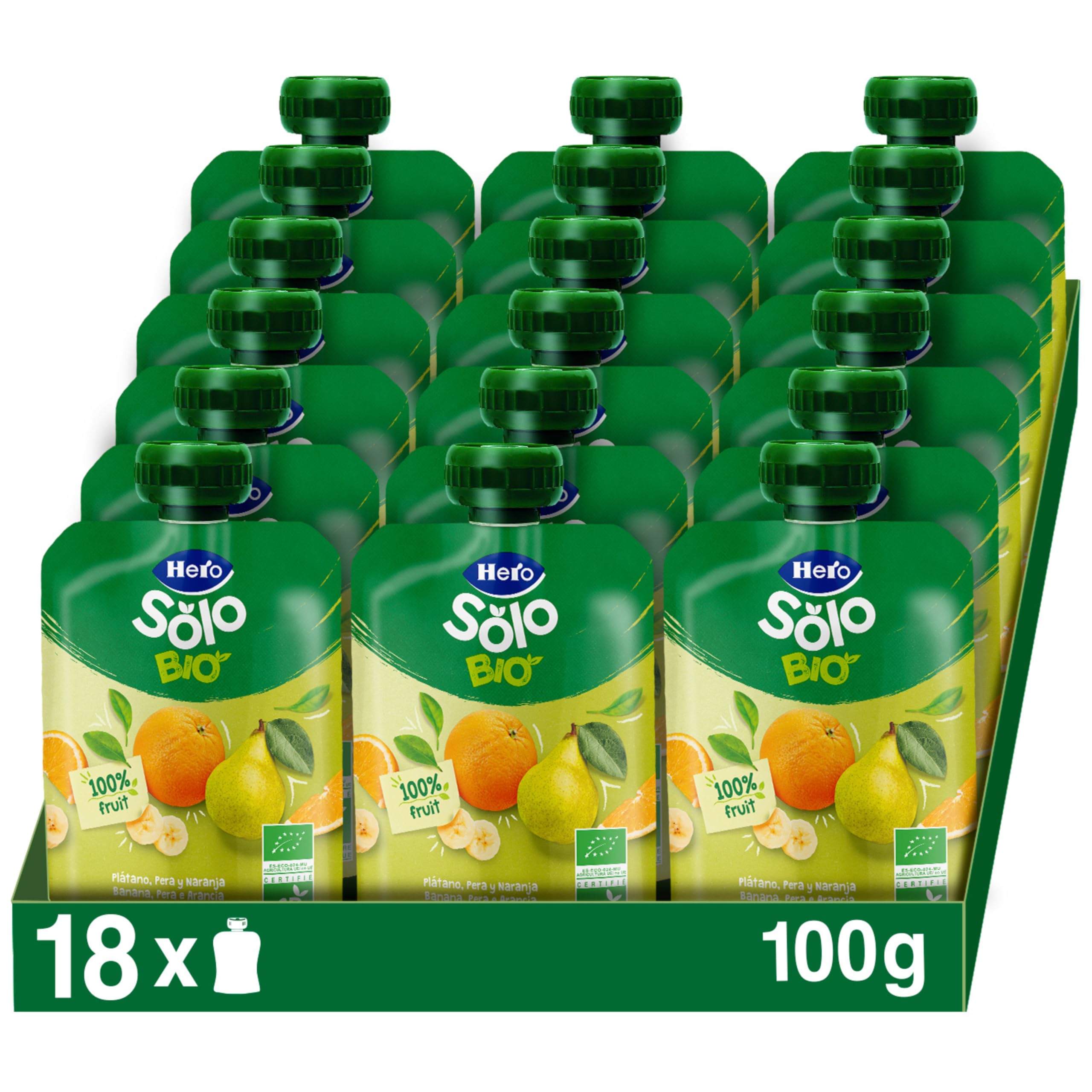 Hero Solo - Bolsita Bio de Plátano, Pera y Naranja – Puré de frutas BIO 100% naturales, compota sin azúcares añadidos, SIN GLUTEN - para bebés desde los 4 meses - Pack de 18 x 100 g