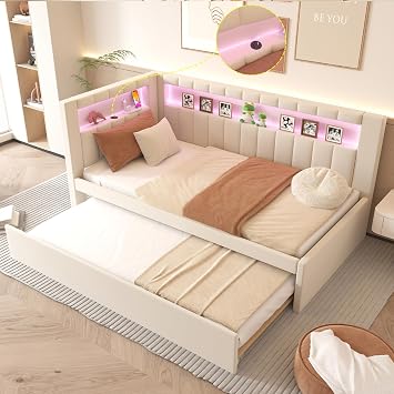 Upholstered Twin Size Daybed with Trundle, L-Shaped Day Bed, White | Storage Headboard, USB Ports and LED, No Box Spring Needed for Kids, Girls, Adults, Space Saving