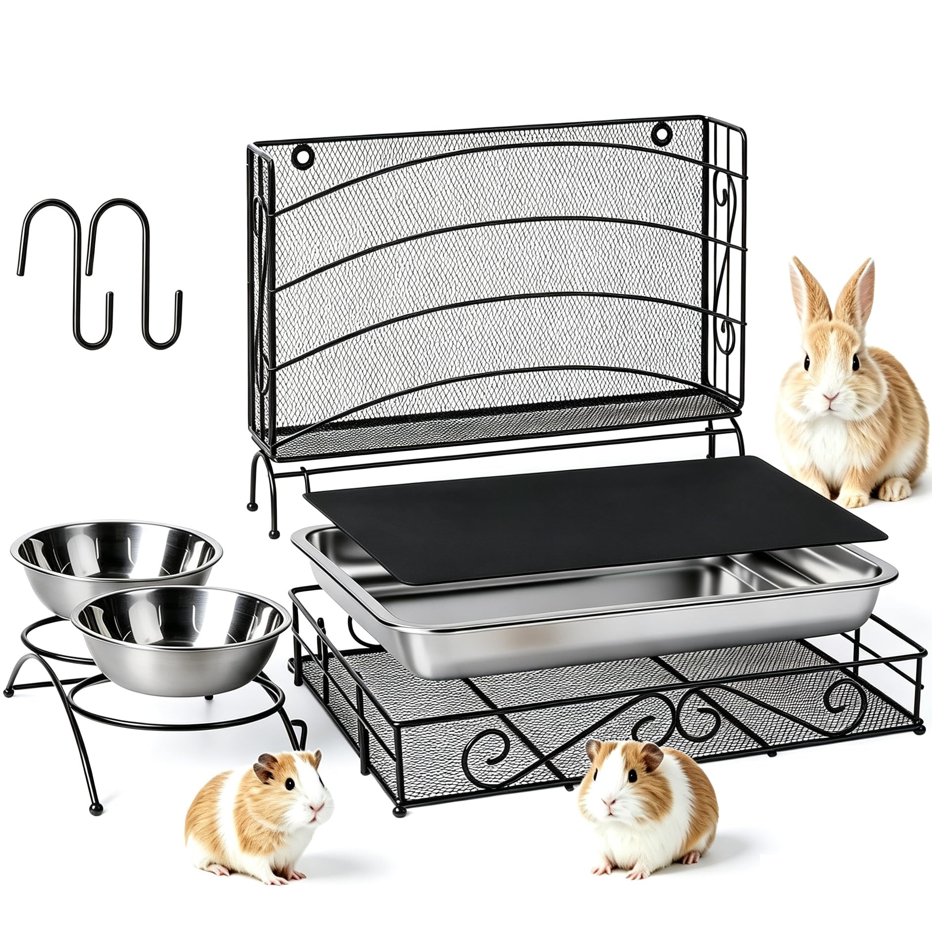 Kaninchen-Heu-Futterstation mit Katzentoilette, 3-in-1 Hasen-Futterstation aus Metall, kein Durcheinander, für Kaninchen, Heu, Halter, WC, mit Wasser-Futterstation, 2 Schalen für
