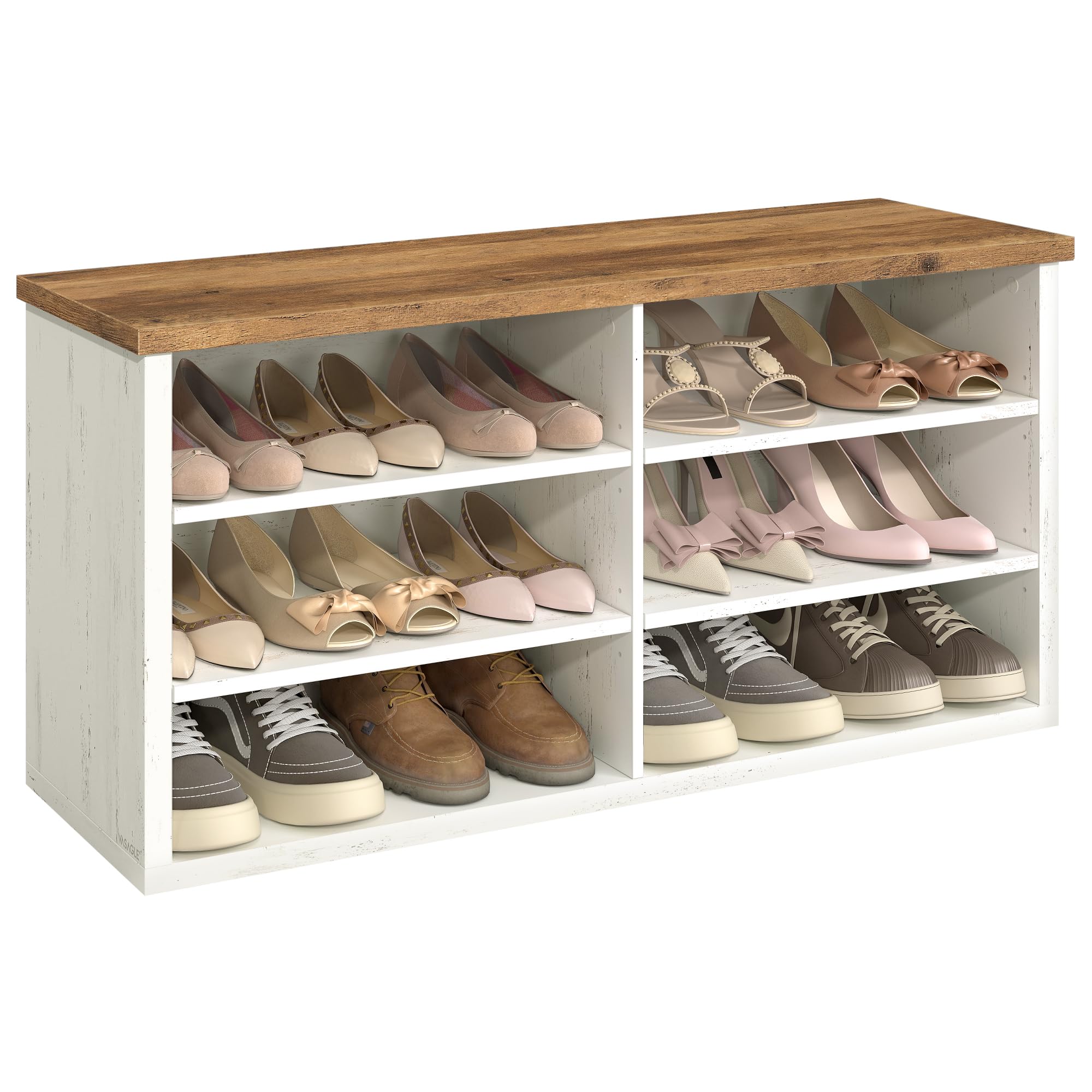 VASAGLE Schuhbank, Sitzbank mit Stauraum, Schuhregal 6 Fächer, verstellbare Ablagen, für Wohnzimmer, Flur, 29,5 x 100 x 50 cm, vintageweiß-honigbraun LSB036W02
