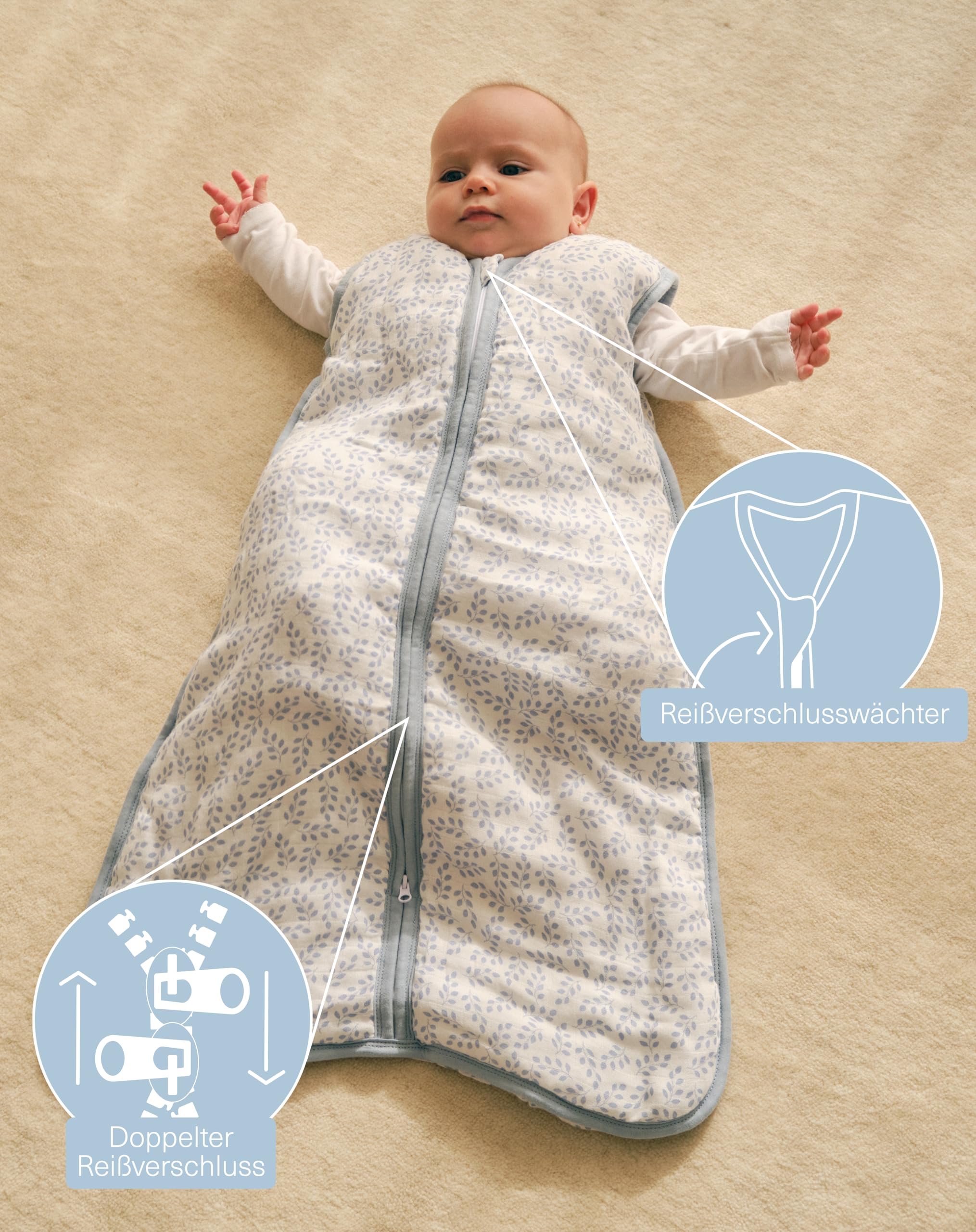 molis&co - Baby Schlafsack 2.5 TOG - Ganzjahres Schlafsack - Babyschlafsack Neugeborene - Premium-Musselin, ärmellos Winterschlafsack wattiert - Premium Qualität - Zen Garden (85 cm)