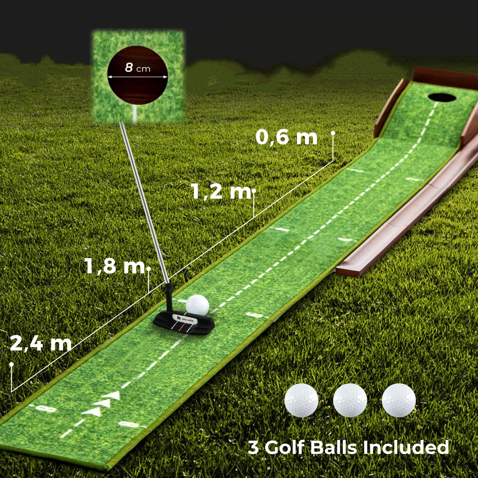 LIFEZEAL Tapis de Putting de Golf avec 1/2/3 Trous et Retour Automatique, Tapis d'Entraînement de Golf avec Boche, Enroulable et Portable, 3 Balons de Golf, Intérieur et Extérieur