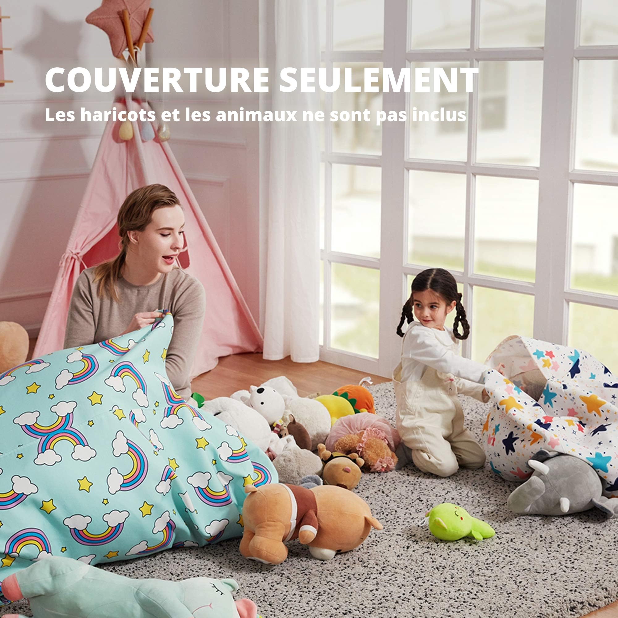Housse de Pouf de Rangement pour Animaux en Peluche Uniquement pour Enfants et Adultes, Pouf Extra Large sans Rembourrage, Support et Organisateur de Jouets en Peluche - Toile de qualité