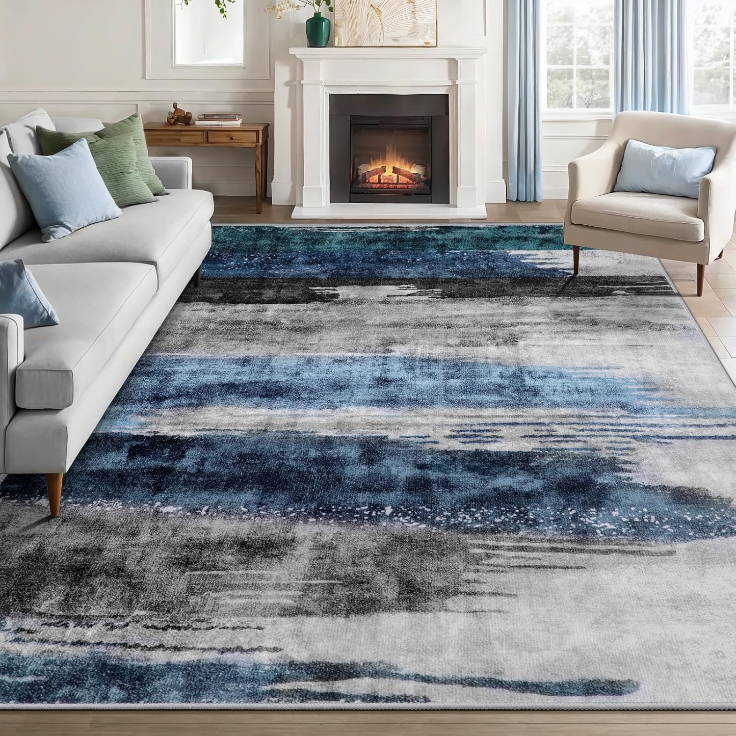Ciicool Modern Abstract Deep Blue Gray Rug for Living Room, 6’x9′ Machine Washable Area Rug Non-Slip Rug, Low-Pile Contemporary Indoor Dining Floor Carpet for Bedroom Office Under Table Home Decor