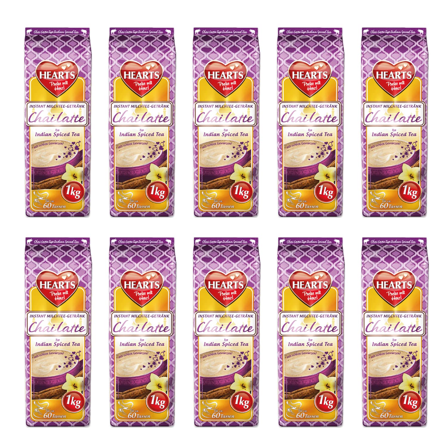 HEARTS Chai Latte Pulver 10 x 1kg Instant Milchtee, leicht löslich, für Gastro und Zuhause, einfach Wasser hinzufügen