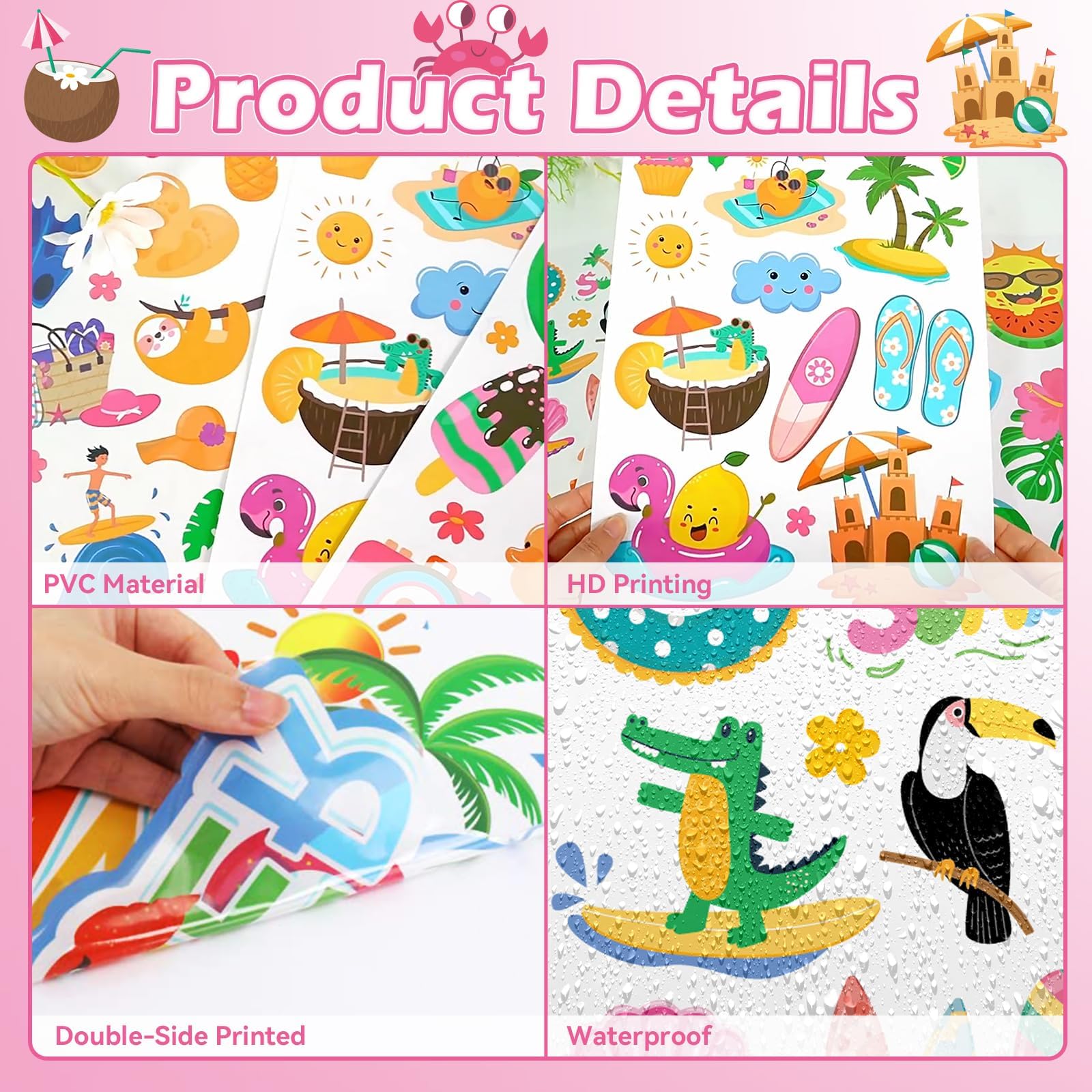4 Feuilles Autocollants De Fenêtre D'Été, 63 Design Decoration Stickers Fenêtre Réutilisables, Deco Vitre Été Contient Soleil, Chaises De Plage, Bouées