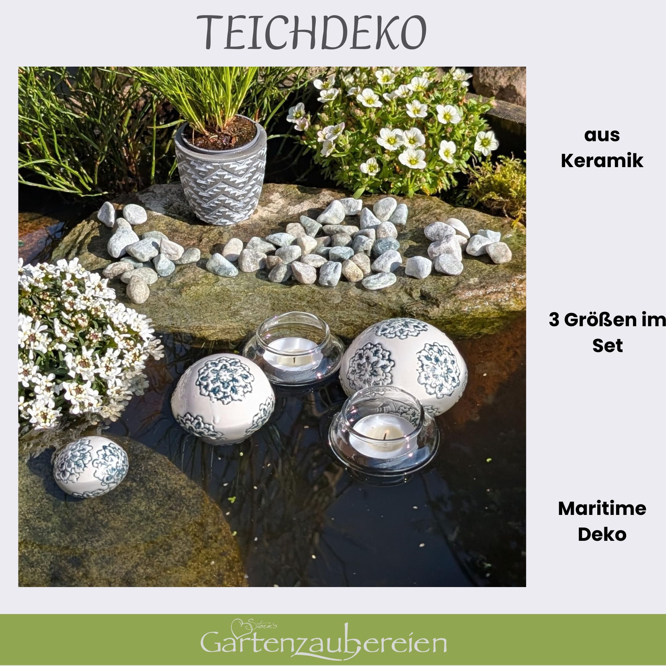 Storm's Gartenzaubereien Dekokugel - Schwimmkugel aus Keramik mit Rankenmuster in 3 Größen mit 2 Teelichtgläsern schwimmend als Teichdeko