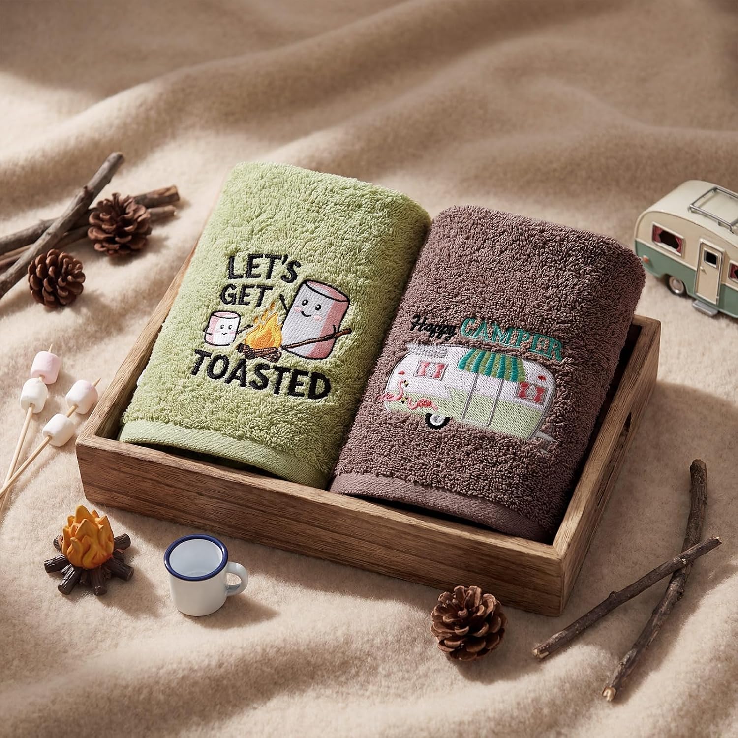 Mindsoft 2 Pack Camping Hand Towels for Bathroom 14 x 29 Inch Cotton Embroidered Farmhouse Camping Bathroom Decor Decorative Campfire Cocoa Camper Gift for Drying, Home and Hotel Decor