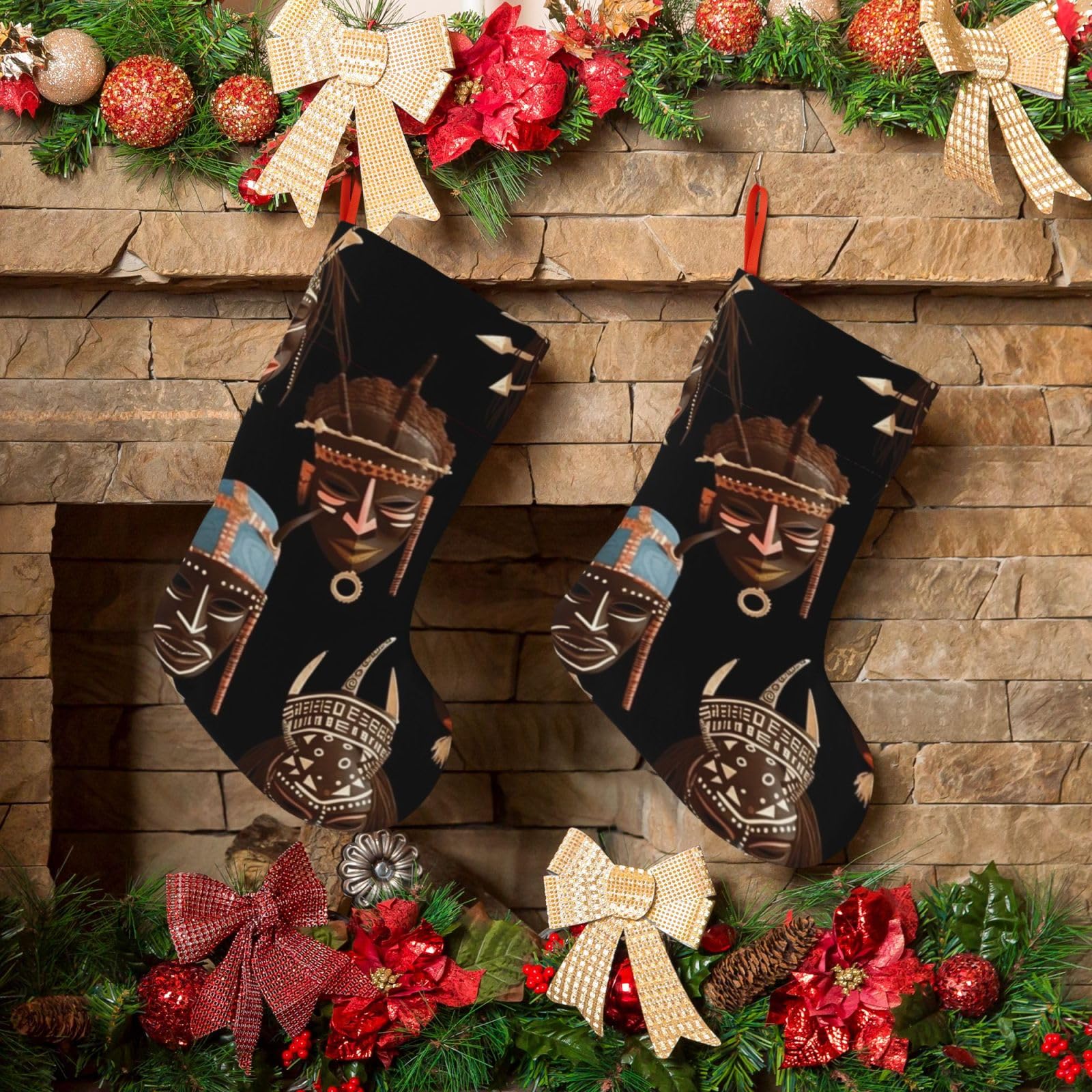 KLOPH Christmas Stockings 18" Personalized Xmas Stocking African Ritual Ethnic Tribal Decoration Stocking Hanging Fireplace Stocking for Holiday Xmas Tree Christmas Fireplace Decor