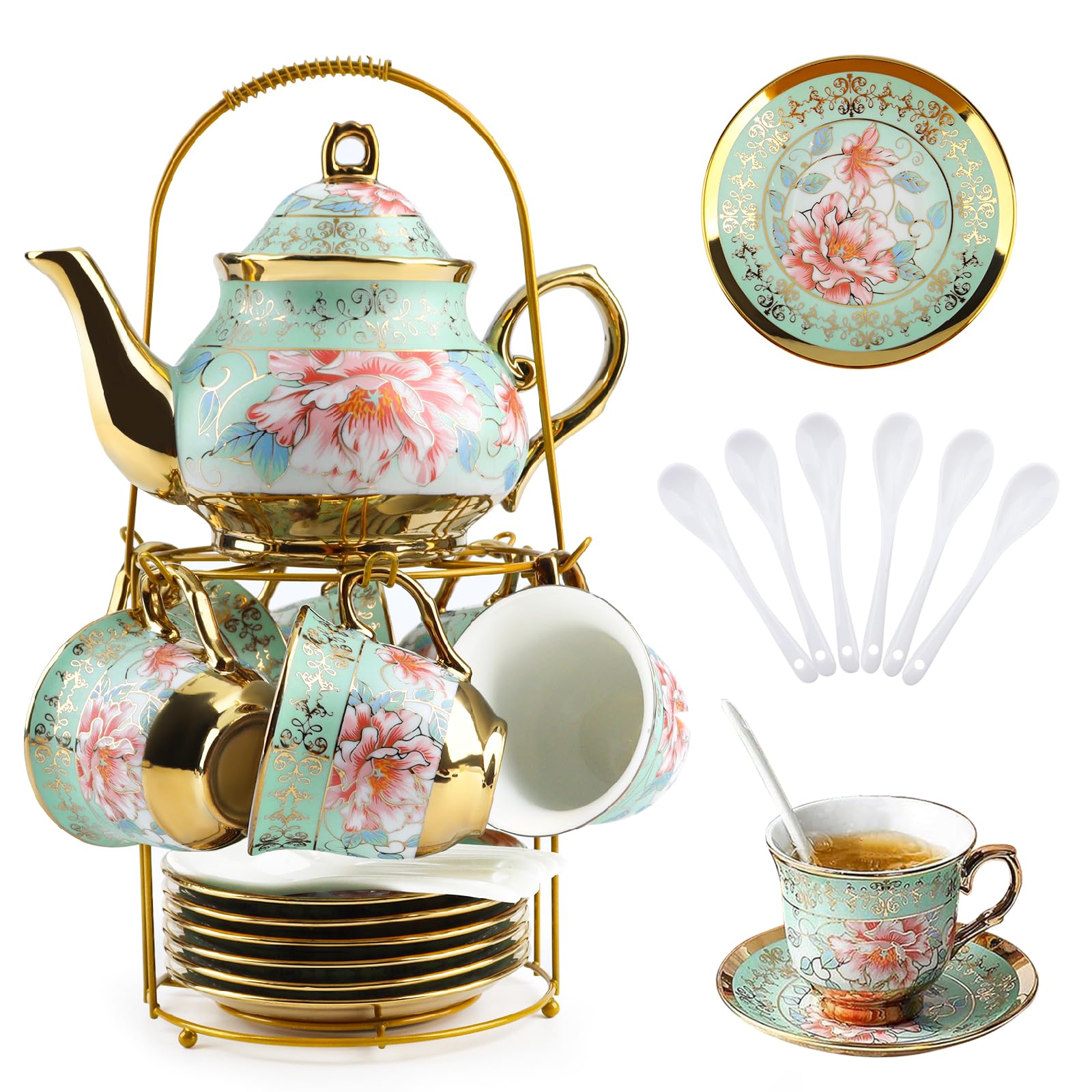 Tea Set for Adults - Porcelain Afternoon Tea Sets with Teapot, 20Pcs Tea Cup and Saucer Set, Gold Flower Painting, Vintage Tea Party Set for Home, Wedding & Gift