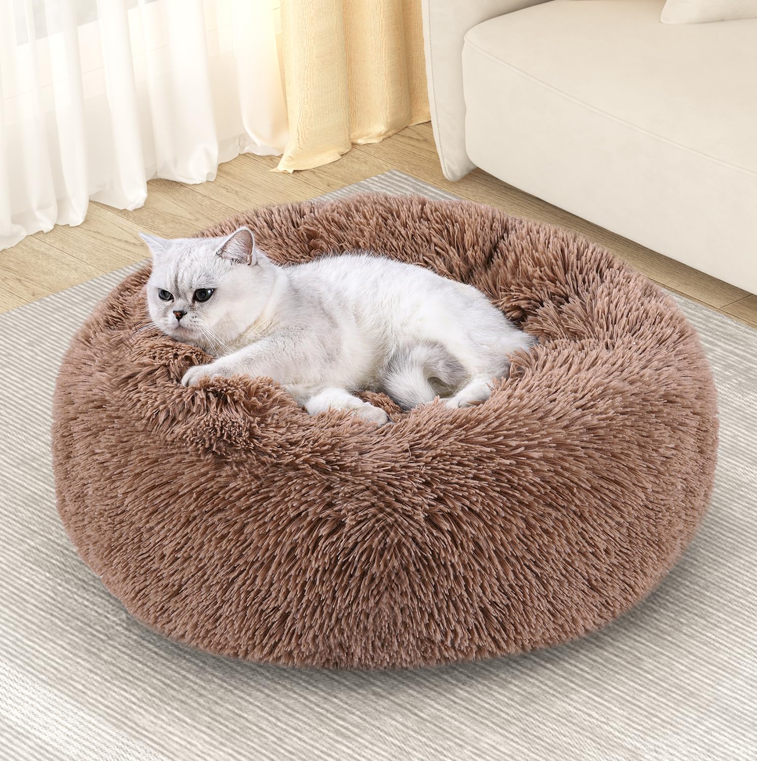 YITAHOME Cama Gato Antiestres Invierno, Cama Perro con Felpa Suave, Cama Redonda para Mascotas, Cojin Mascota de Pelo Relajante y Lavable, Fondo Antideslizante, 58x58x20cm (Marrón)