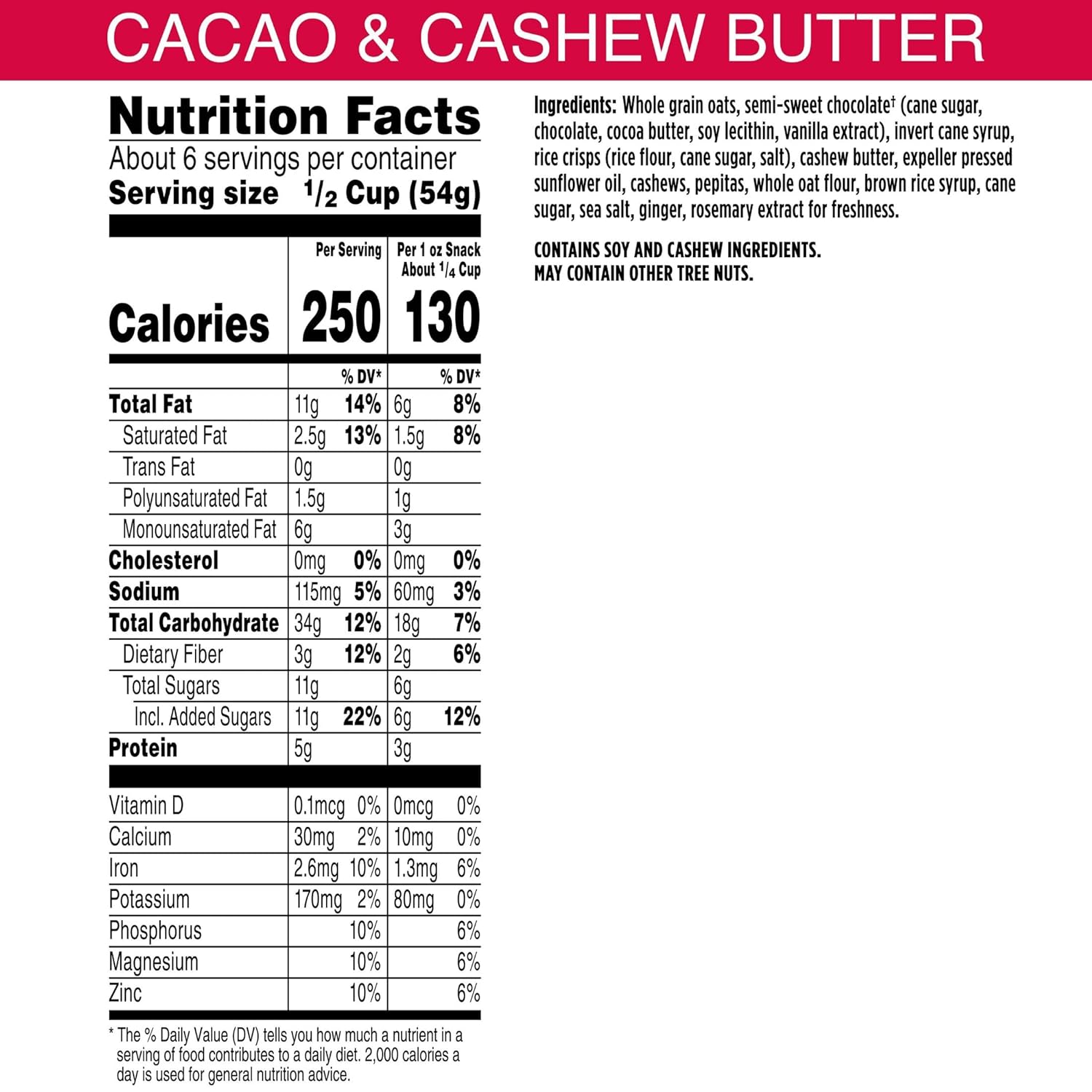 Bear Naked Granola Cereal, Whole Grain Granola, Breakfast Snacks, Cacao and Cashew Butter Crunch (Pack of 6)