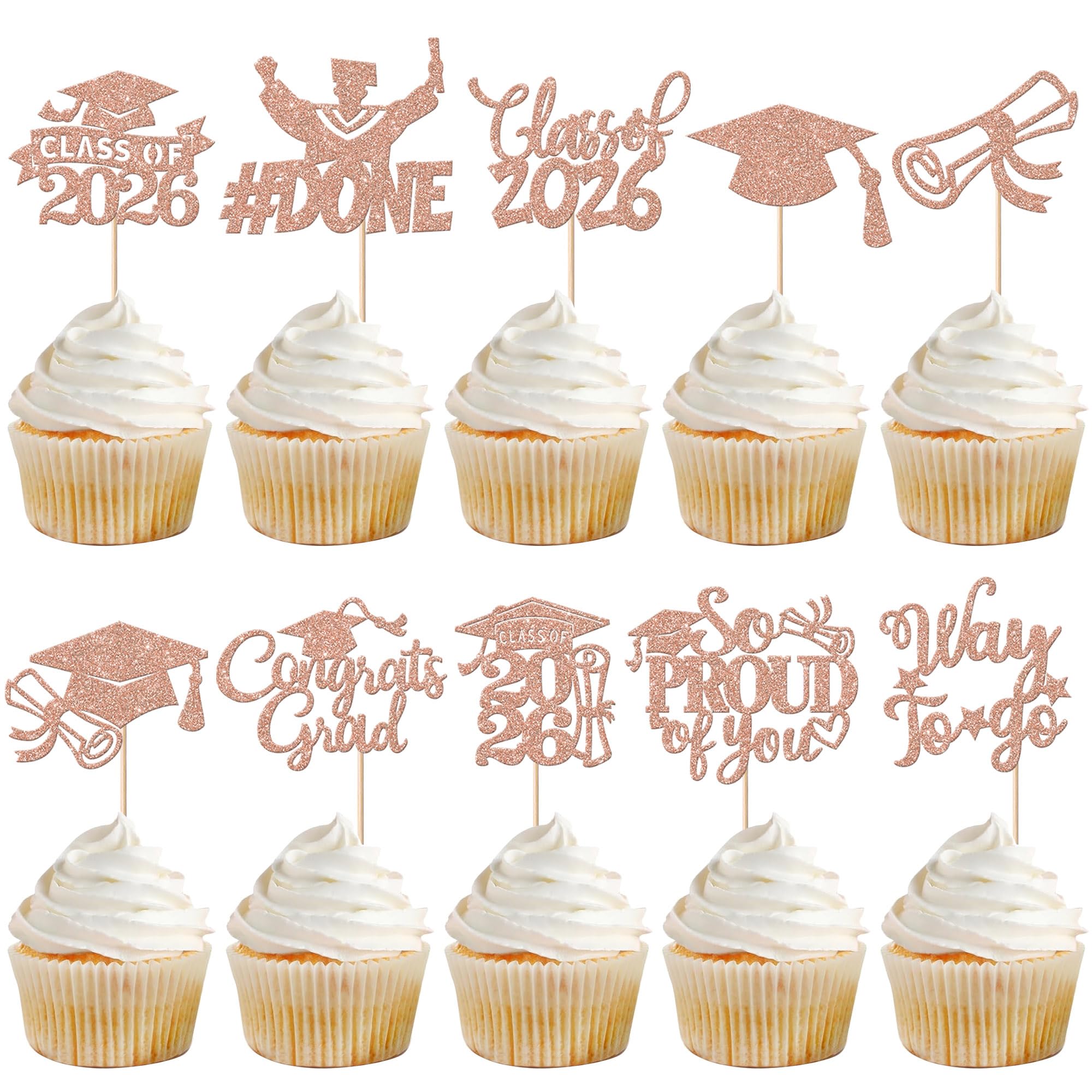 30 Stück 2026 Abschluss Cupcake Dekorationen So Proud of You Cupcake Toppers Class of 2026 Kuchen Deko Abschluss Kappe Diplom Tortendeko für 2026 Graduierung Thema Party Kuchen Dekorationen Rosegold