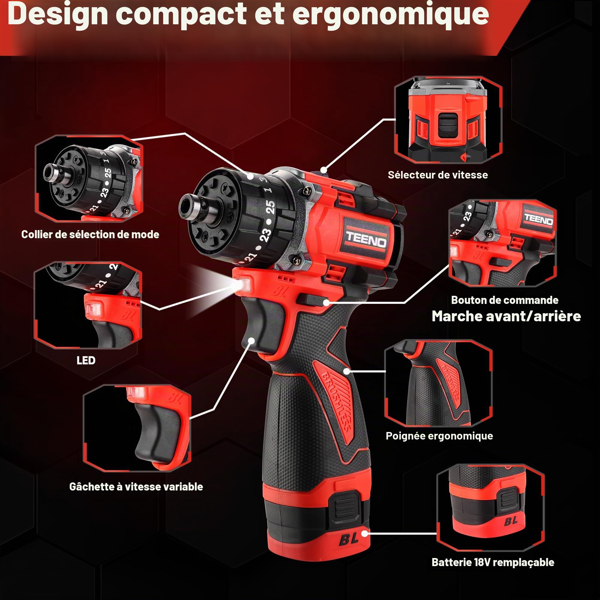 TEENO Brushless 18V 25+3 Couple Multifonctionnel Kit Perceuse Visseuse sans Fil à Percussion 45Nm, 4 en 1 avec 2 Batteries 2,0Ah, 2 Vitesses, LED