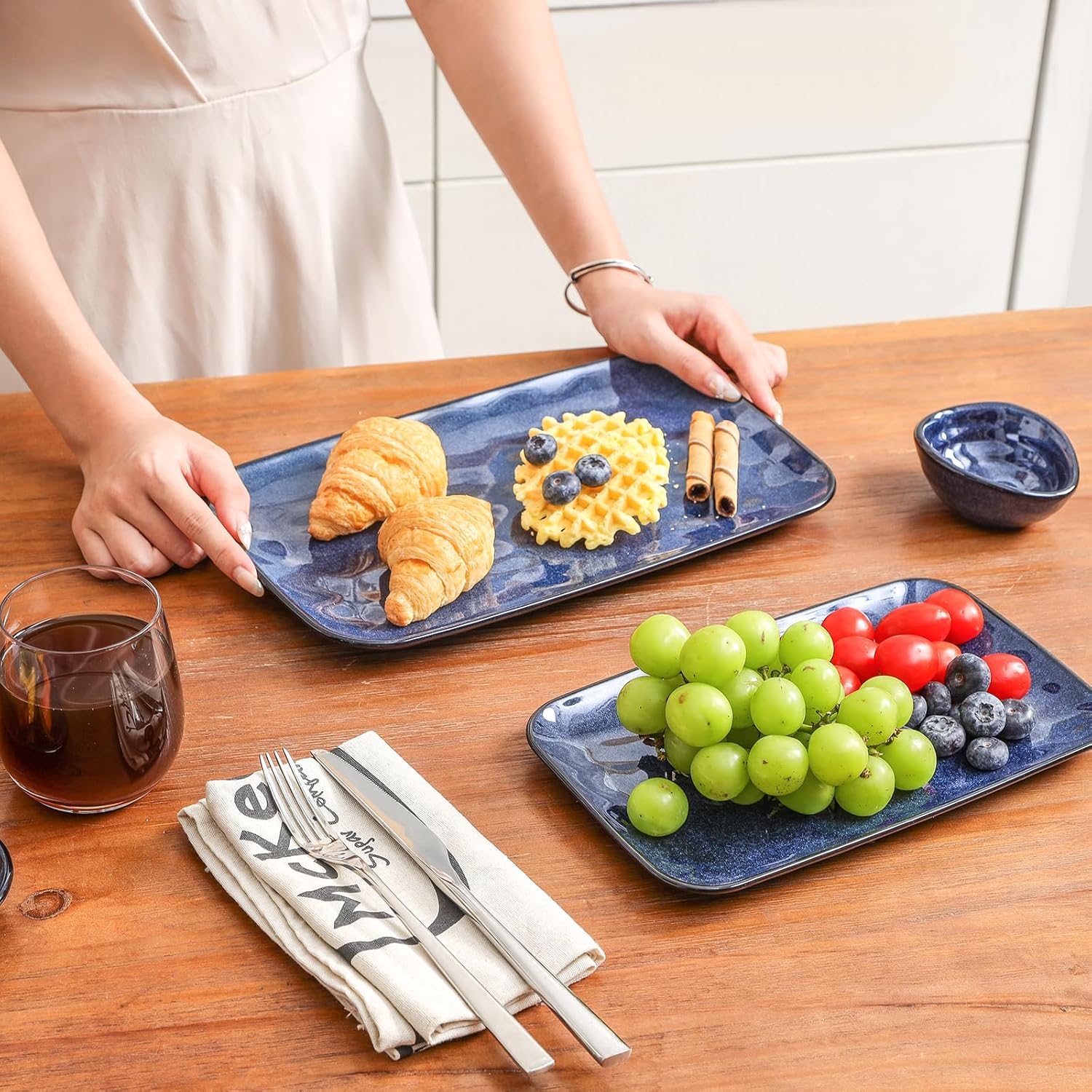vicrays Ceramic Rectangle Serving Platters - 14" 12" 10" Porcelain Serving Trays Plates for Party BBQ Appetizers Sushi Dessert - Microwave Oven and Dishwasher Safe - Set of 3 Blue - Image 3