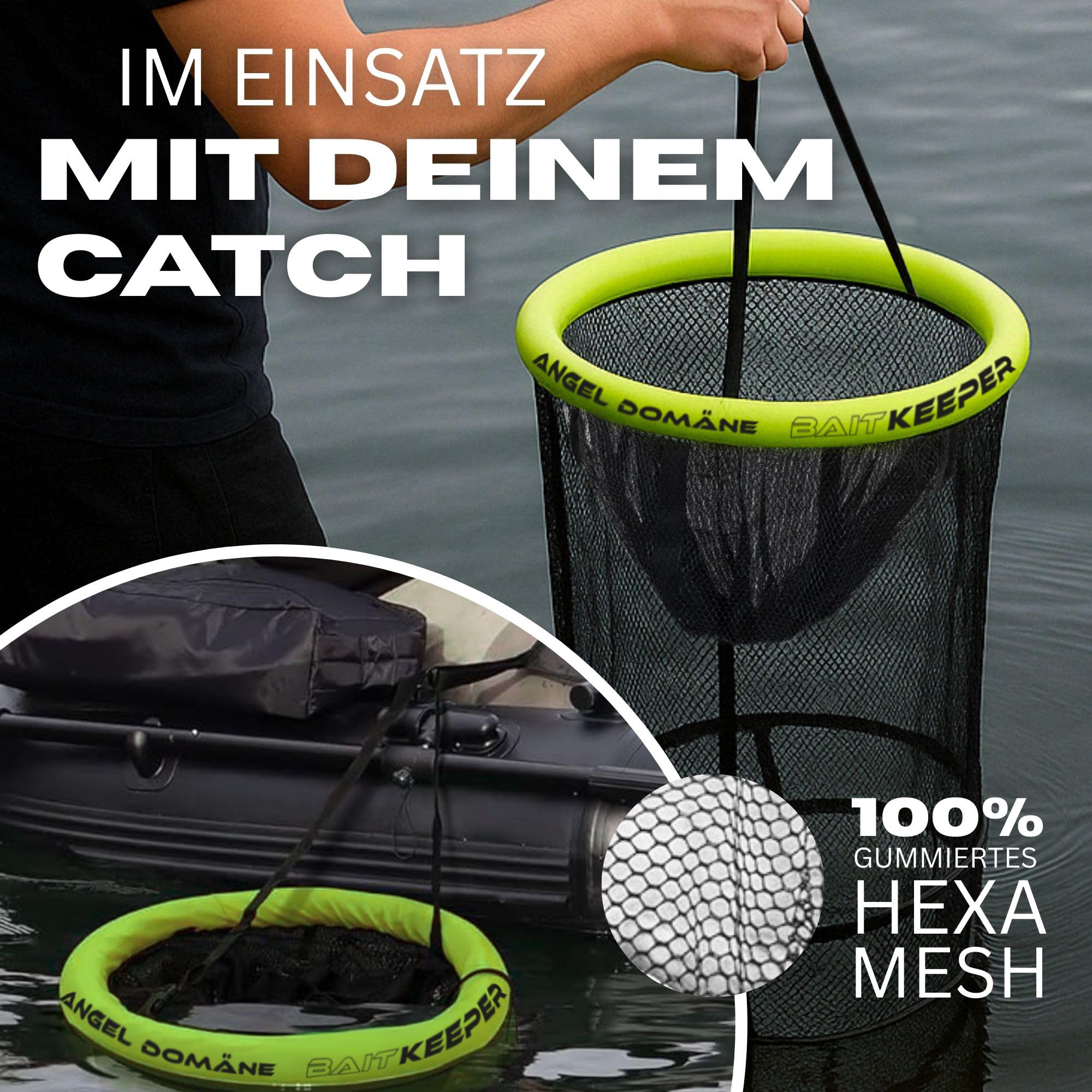 Angel Domäne Bait Keeper – Schwimmender Setzkescher gummiert – 90cm Länge & 44cm Durchmesser – Fischschonendes Hexa-Mesh – Bootssetzkescher mit Zugkordel & Auftriebskörper – Köderfischbehälter