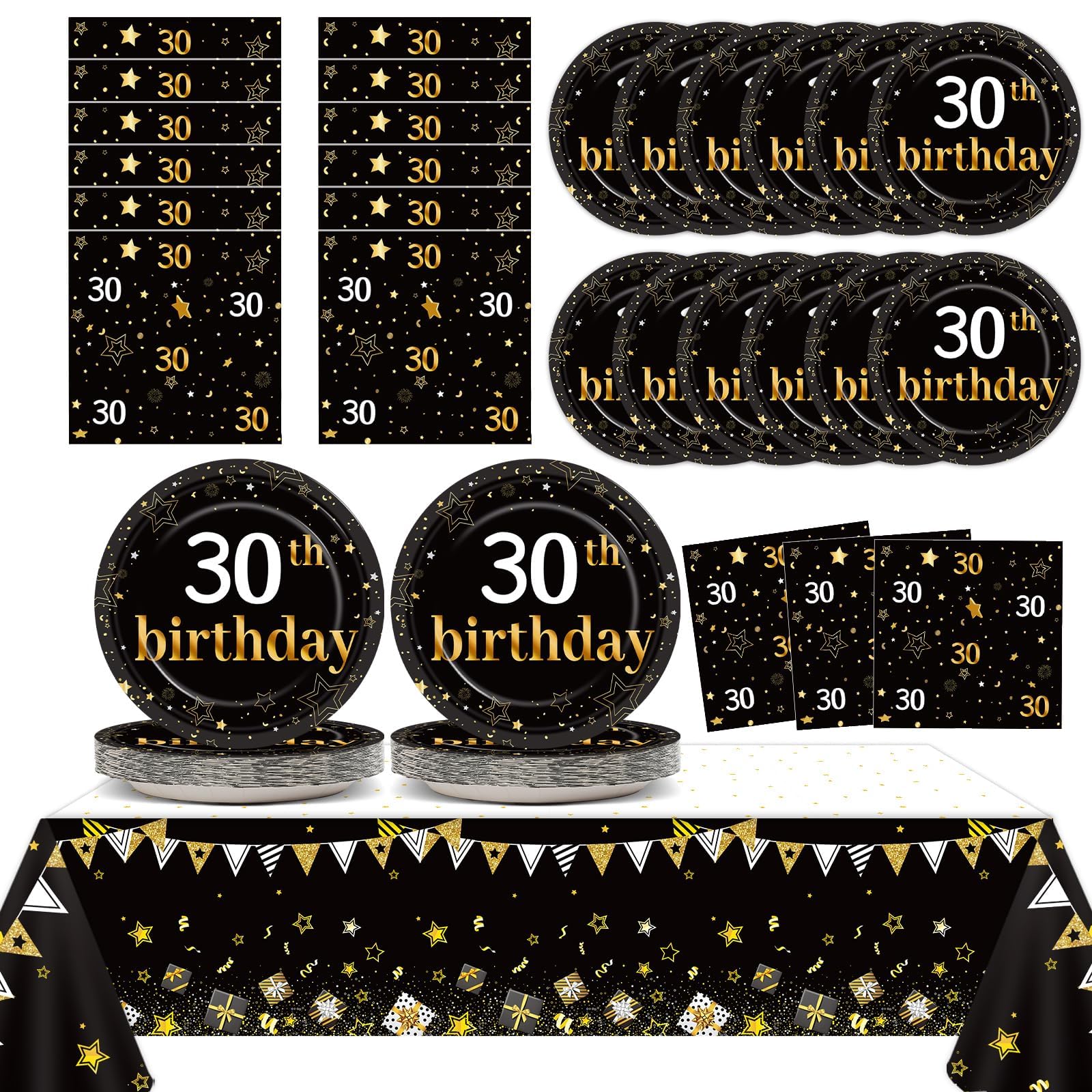 30th Birthday Party Supplies Serves 24 Black and Gold 30 Years Old Birthday Party Decorations Paper Plates Napkins Cheers to 30 Years Tablecloth Set Vintage 1994 Tableware Favors Kit for Men or Women