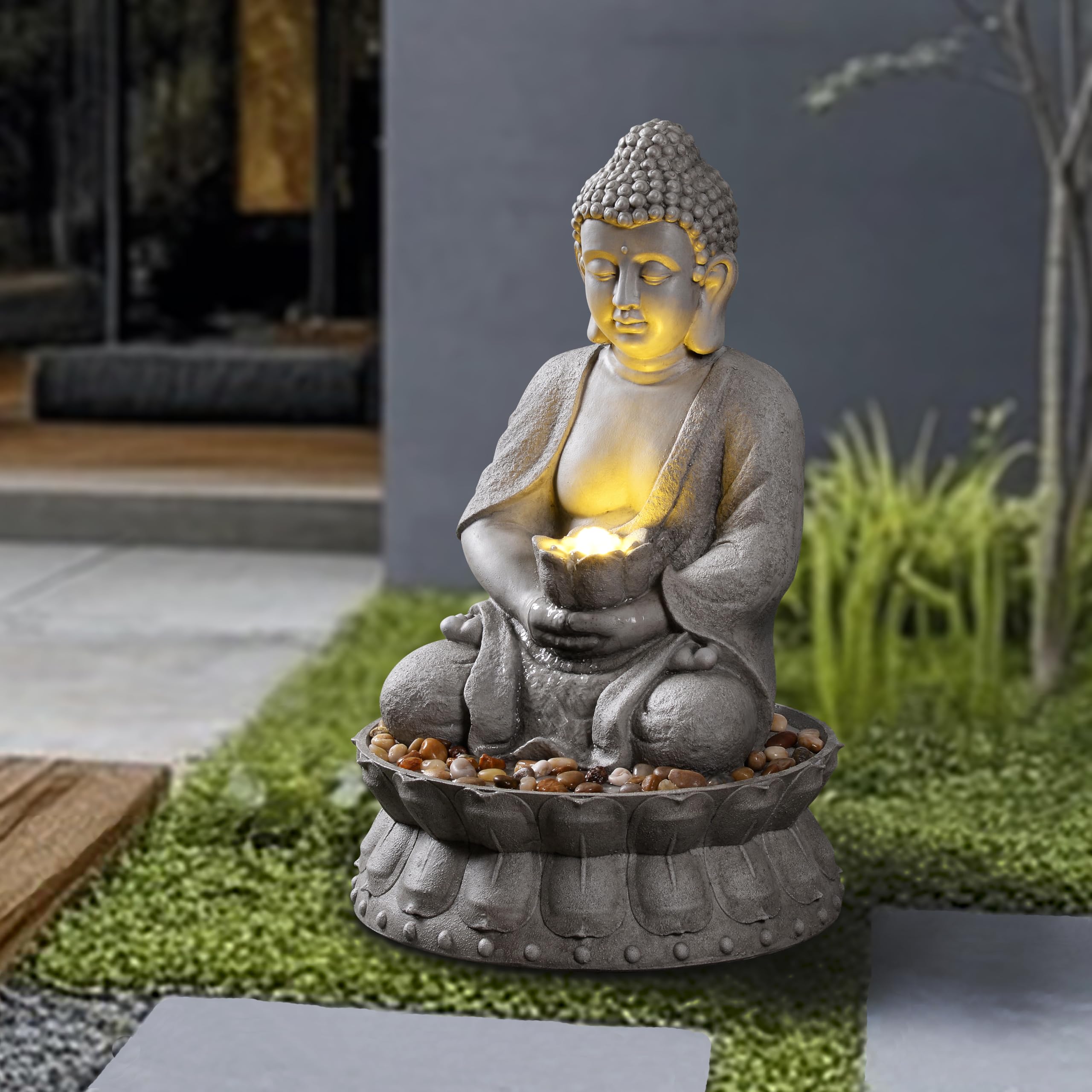 Fontaine à eau de Bouddha d'extérieur Zen avec lumière LED pour jardin, décoration d'intérieur, statue de Bouddha relaxante avec base lotus, pour femme